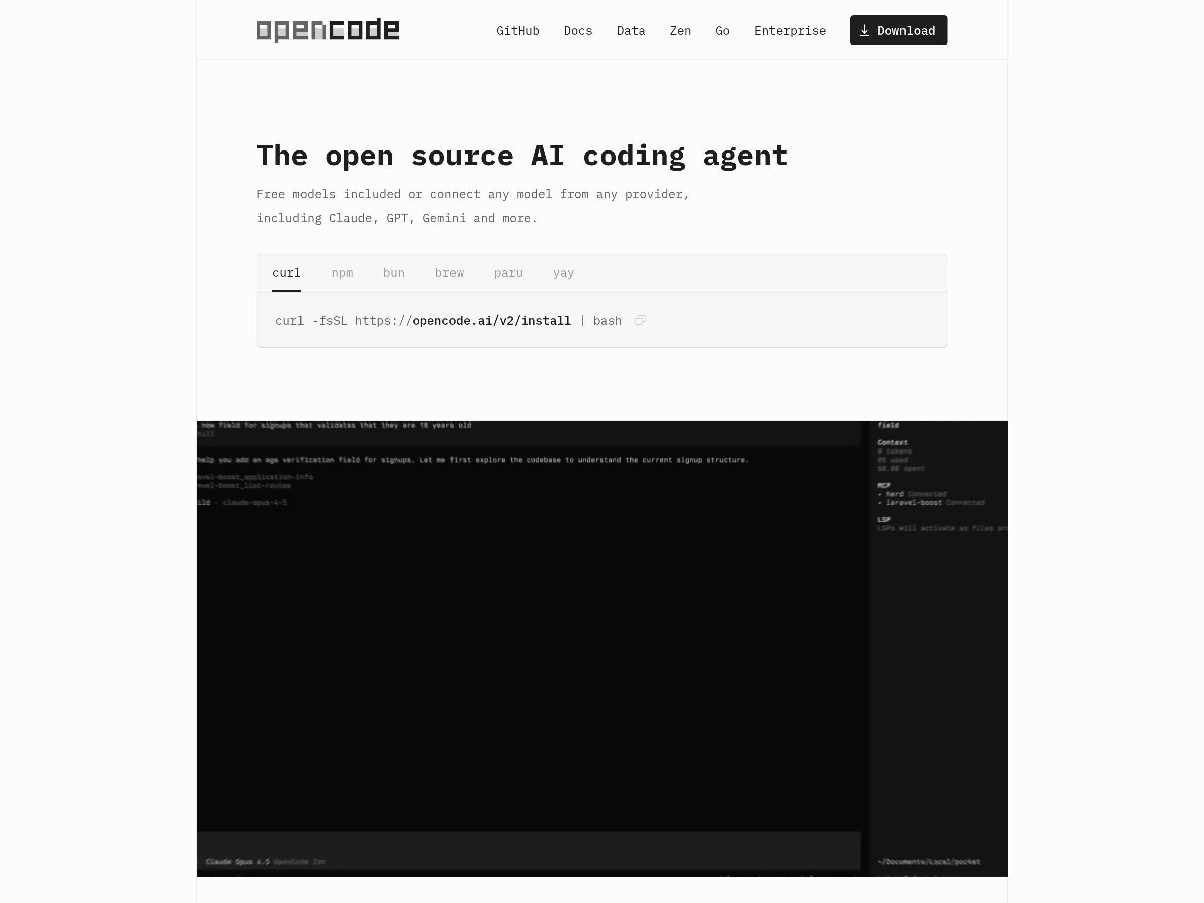 Capture of OpenCode's product site showing the open-source AI coding agent interface and its Console entry point