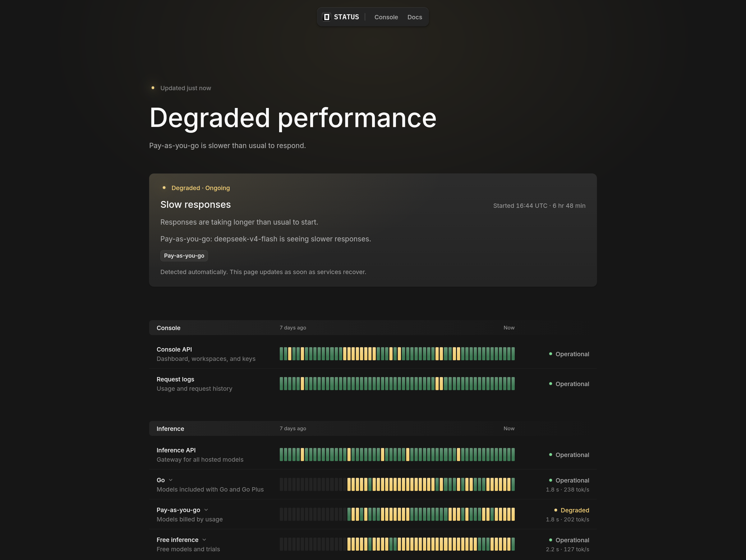 Capture of OpenCode's status page showing the Console API component as operational beside an ongoing slow-response incident