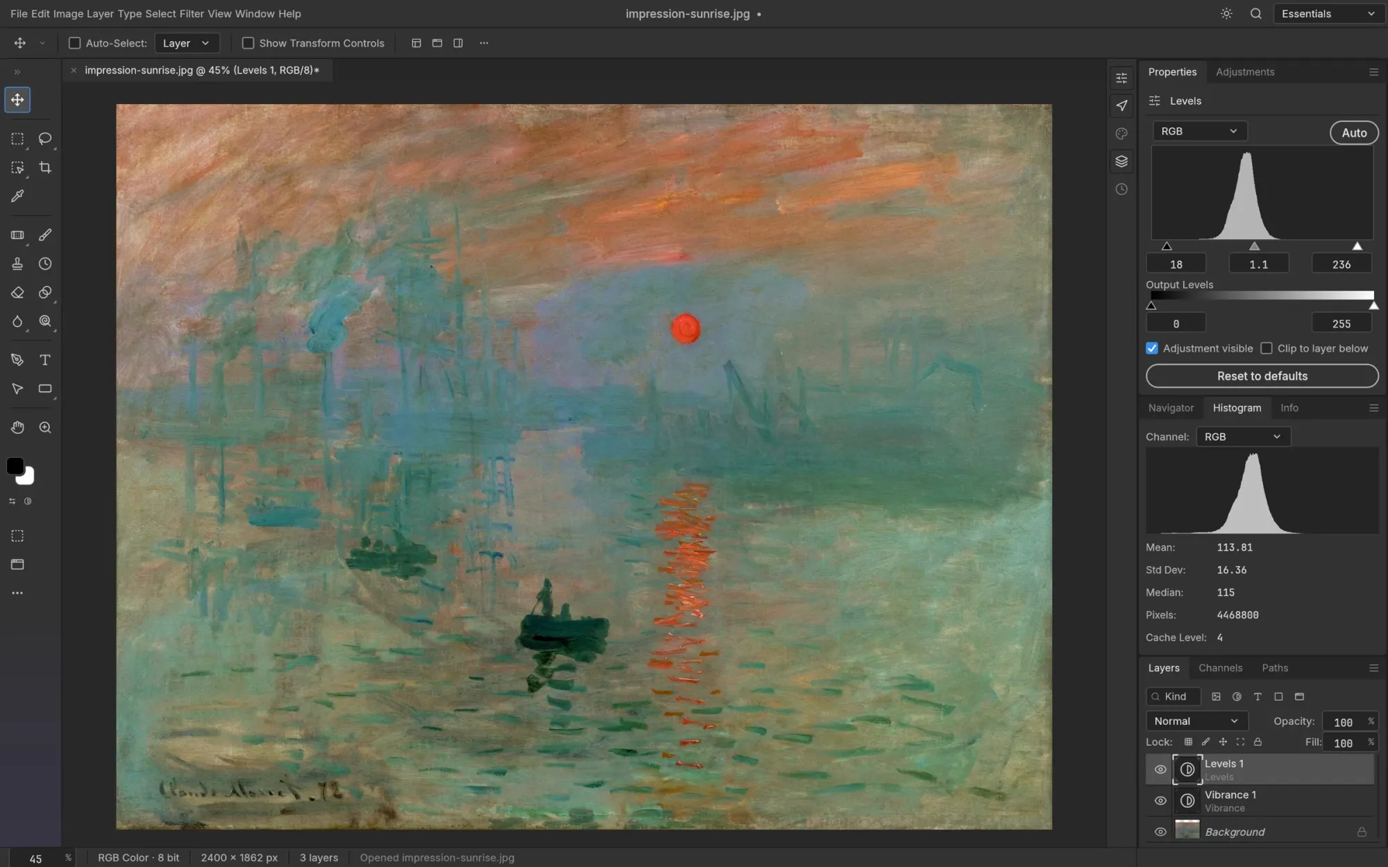 Official ArtCraft PhotoCraft screenshot of Monet’s Impression, Sunrise with Levels and Vibrance adjustment layers, the Levels editor and histogram open.
