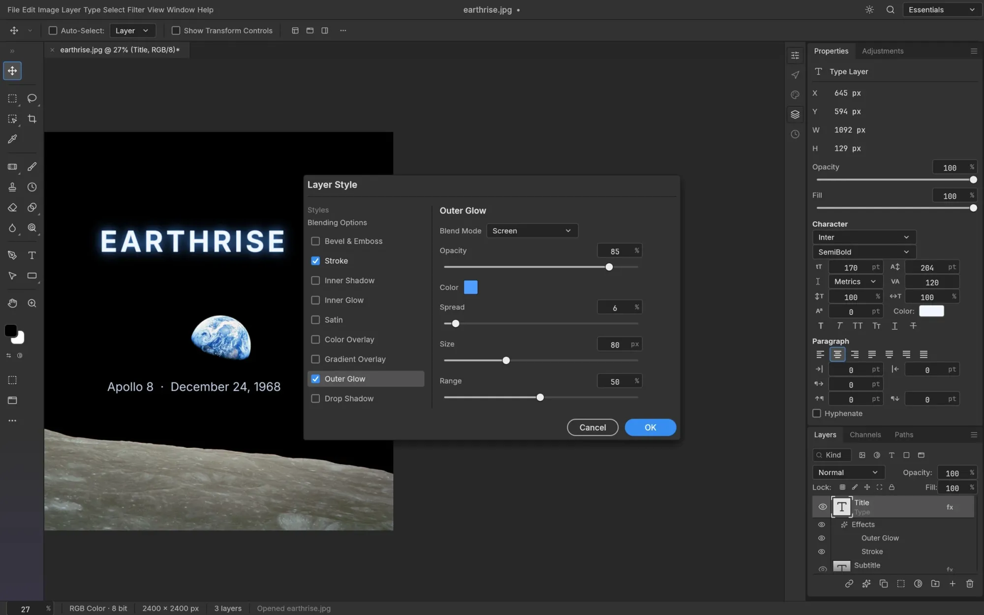 Official PhotoCraft screenshot showing the Layer Style dialog applying Outer Glow and Stroke to an Earthrise text layer.