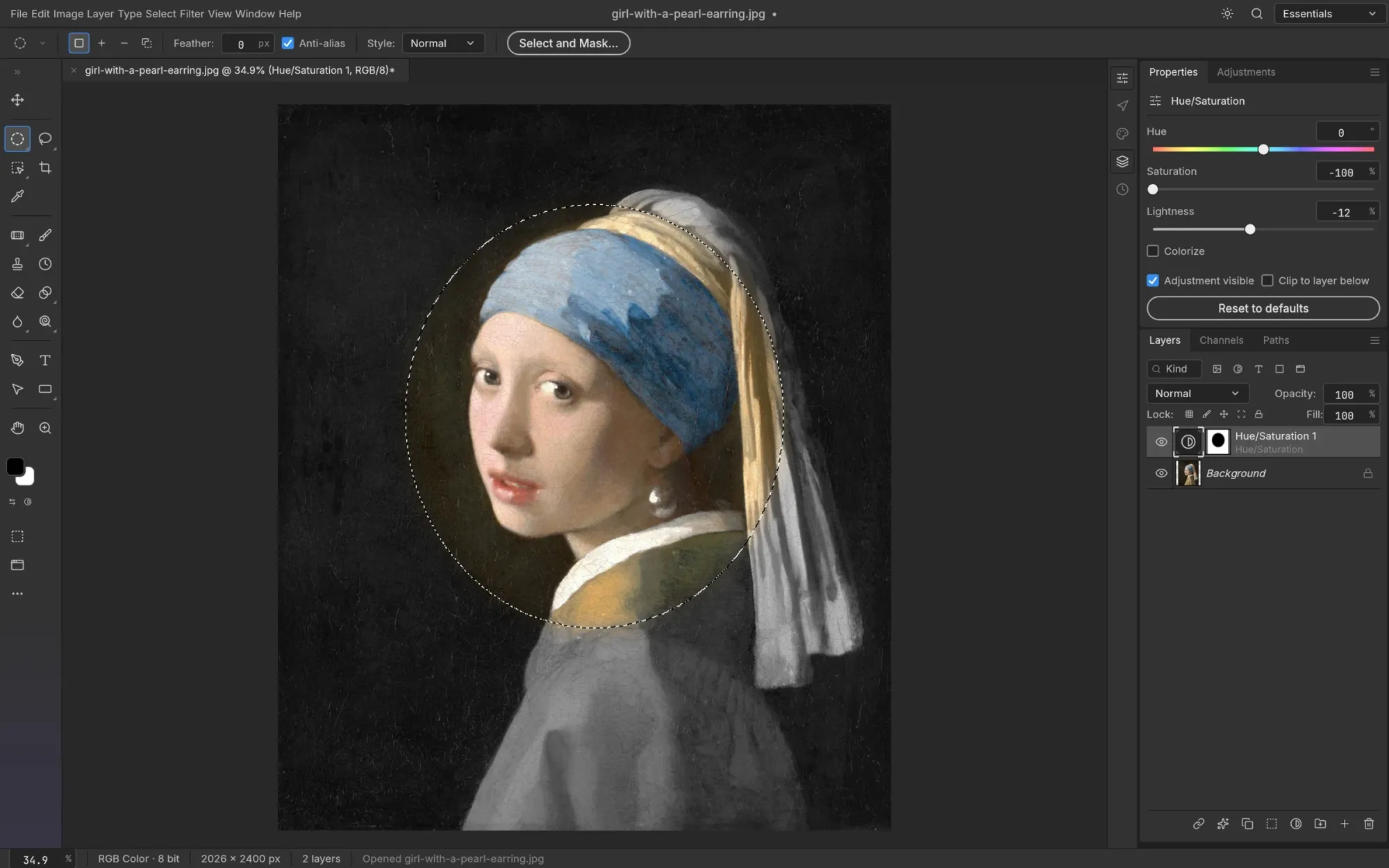 Official PhotoCraft screenshot showing a masked Hue/Saturation adjustment on Vermeer’s Girl with a Pearl Earring.