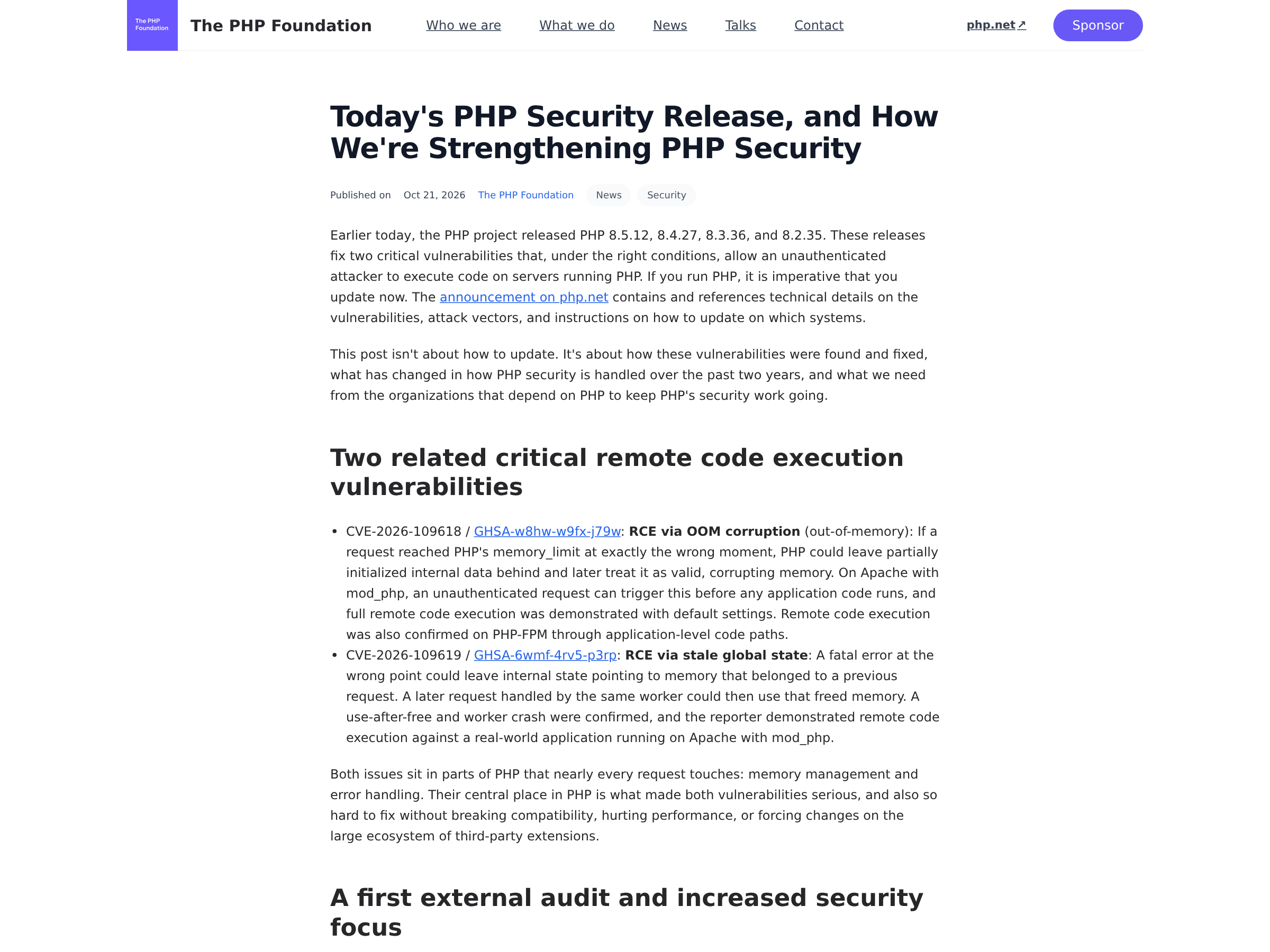 Capture of the PHP Foundation post of 21 October 2026 on the release and its disclosure timeline