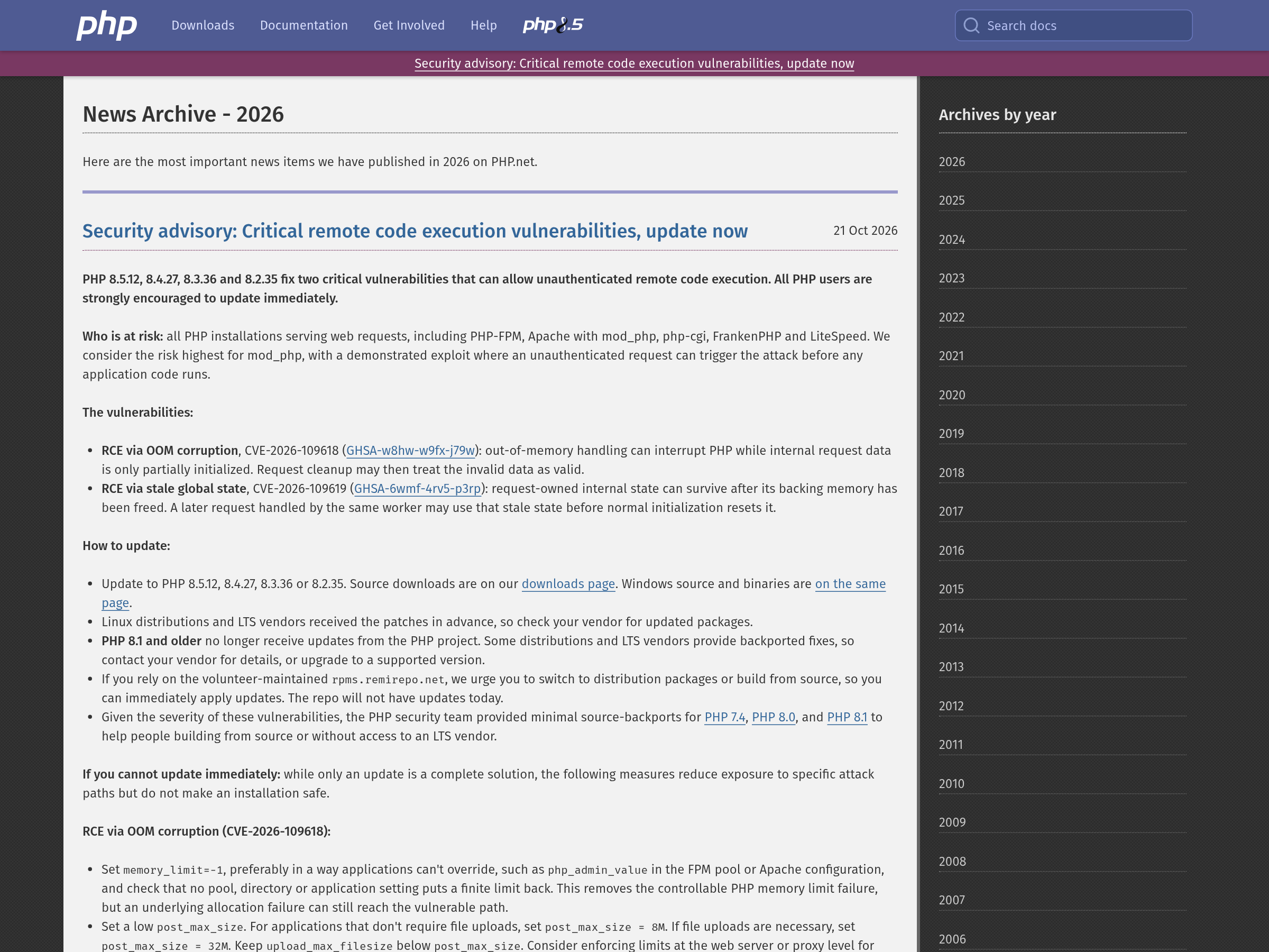 Capture of the php.net release archive showing the 21 October 2026 security notice