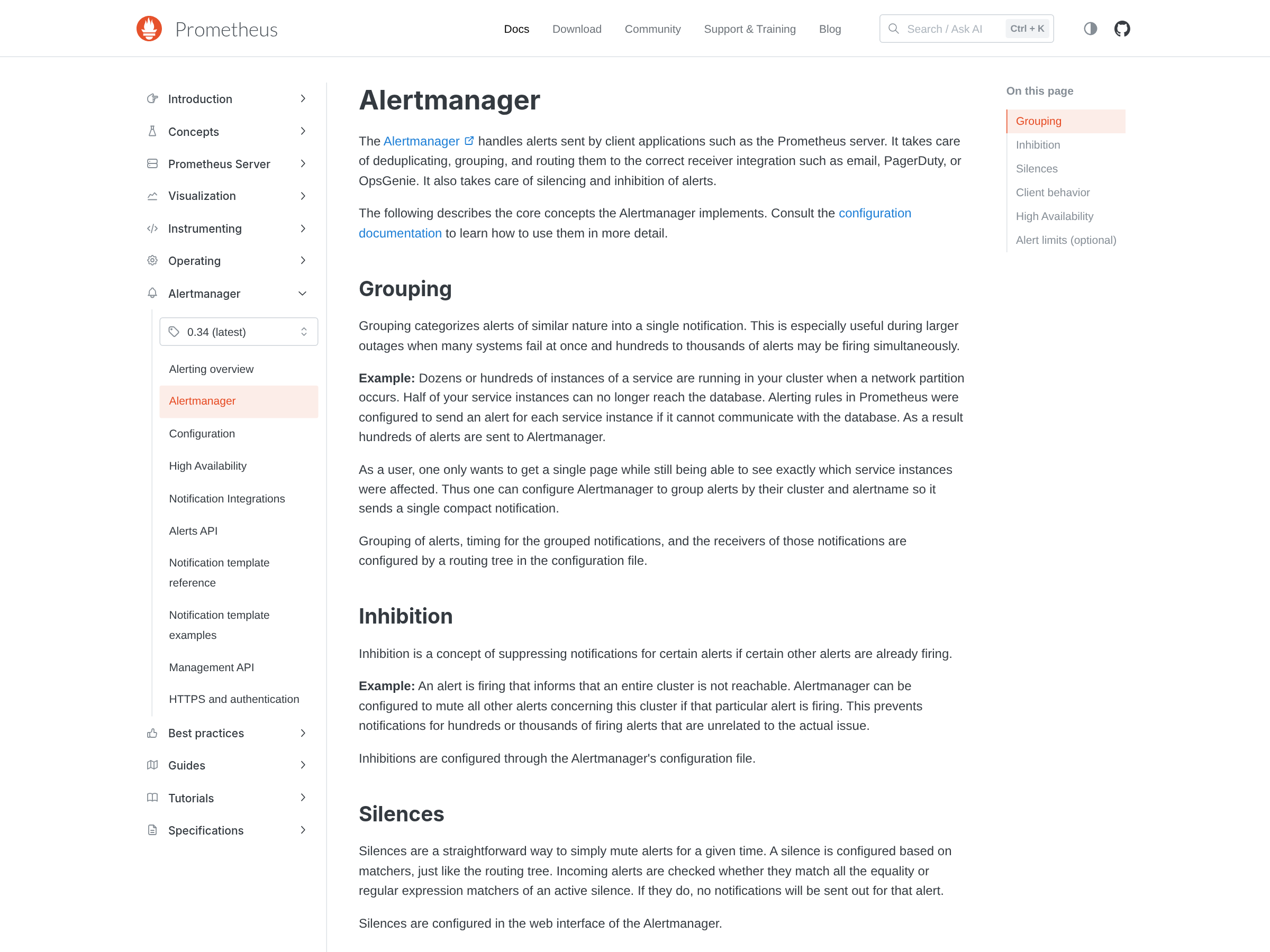 Capture of the official Prometheus Alertmanager documentation page, showing the component description and the Grouping, Inhibition and Silences sections.
