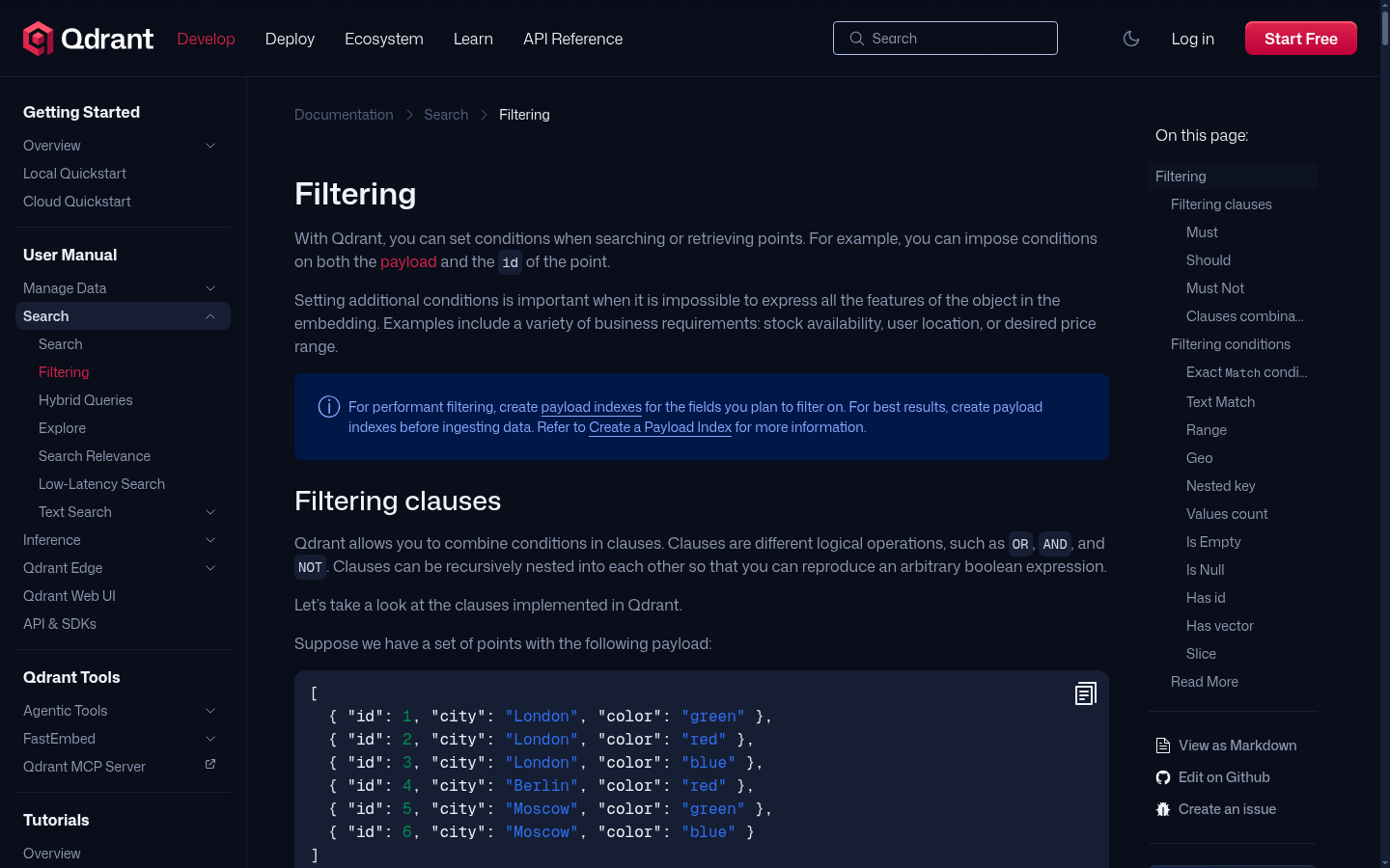 Capture of Qdrant's official filtering documentation, showing payload filter conditions that constrain which retrieved points an answer can use.