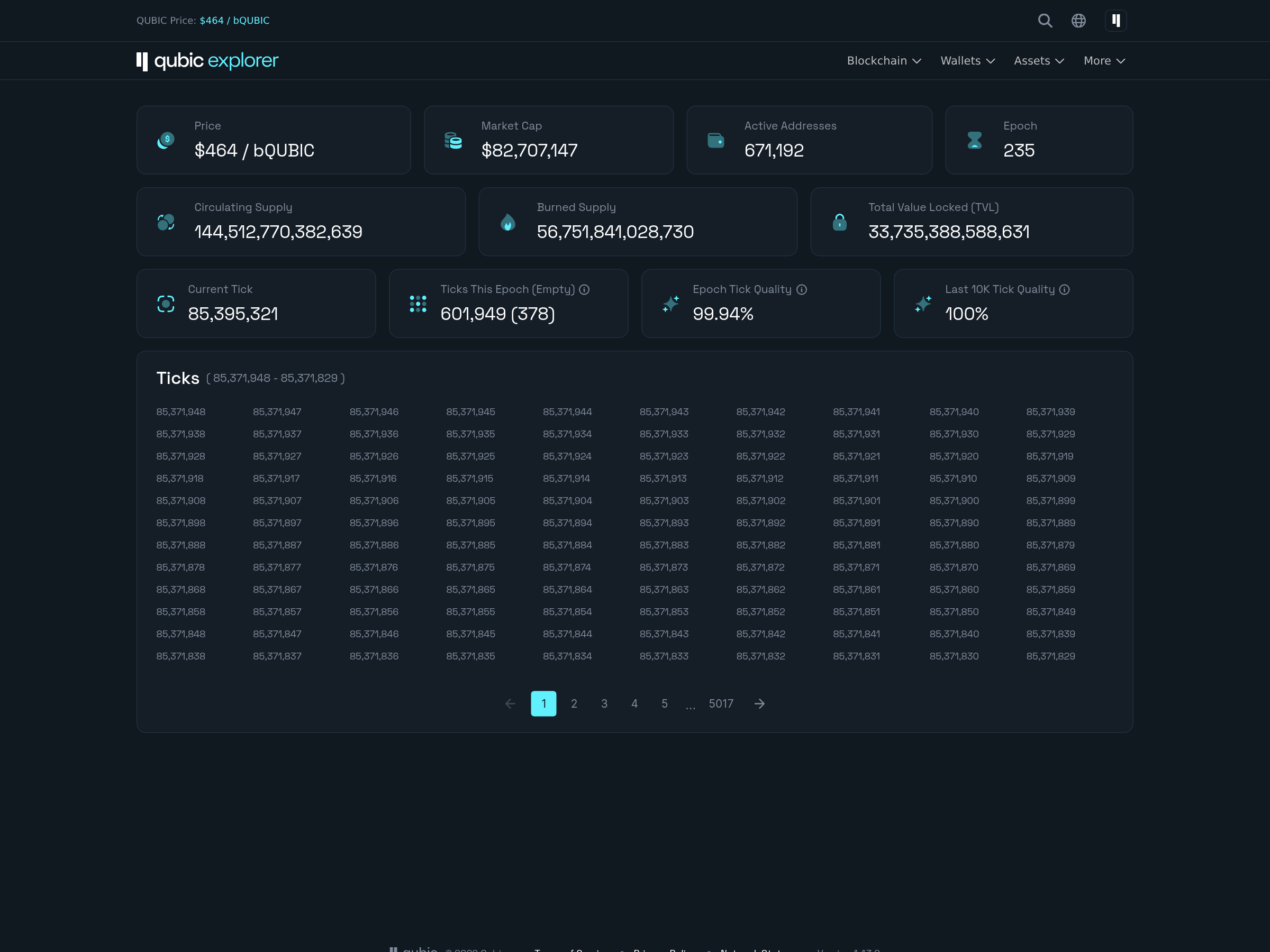 Capture of Qubic's network explorer showing the chain's current tick counter, epoch summary and tick table