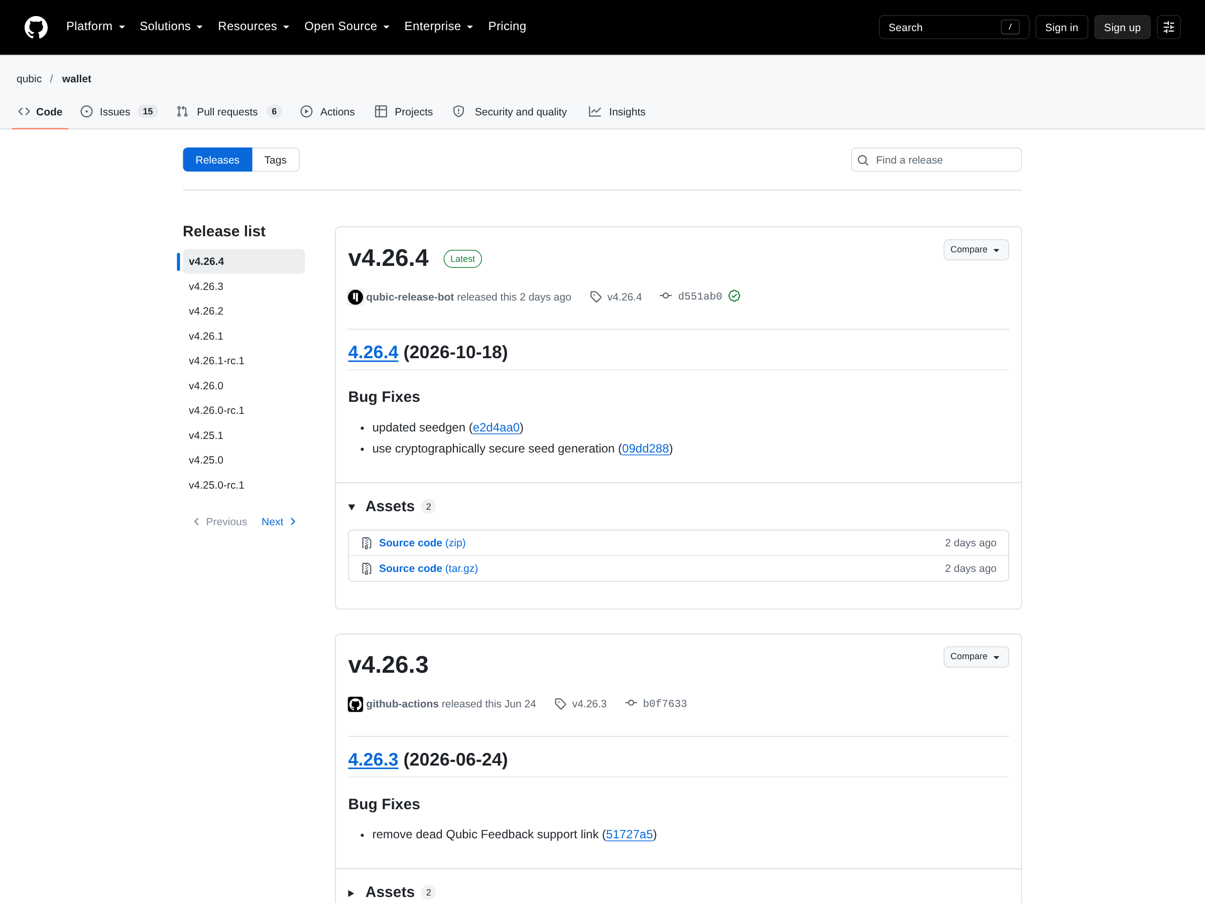 Capture of Qubic's wallet release notes listing version 4.26.4 and its cryptographically secure seed generation fix