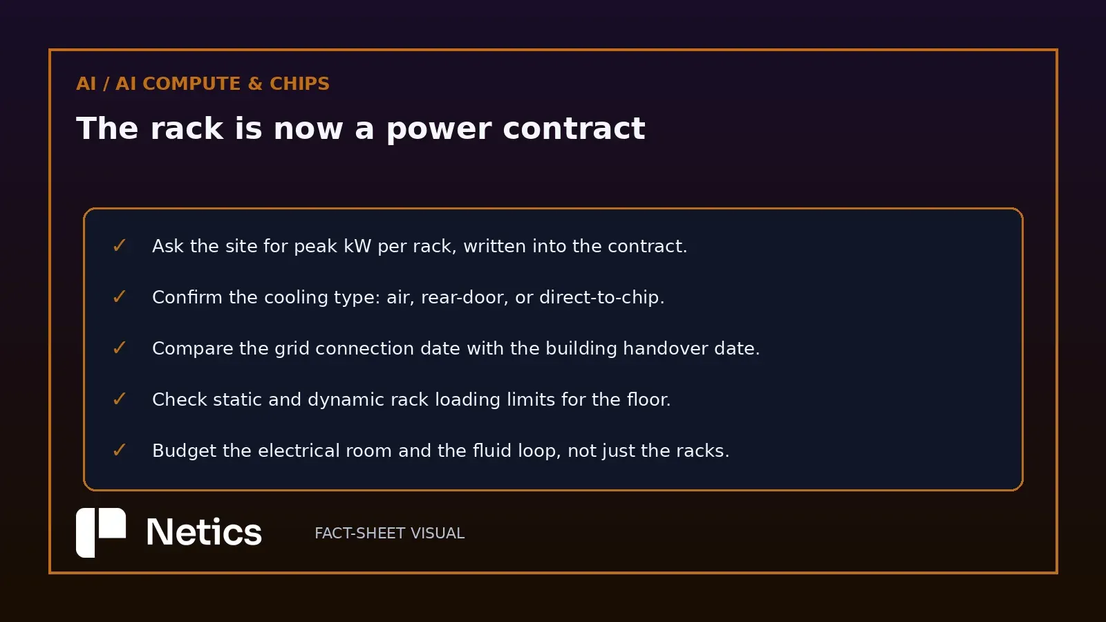 Netics editorial checklist of the five questions to settle in a colocation contract: peak kW per rack, cooling type, grid connection date, floor loading limits and electrical plus fluid loop budgeting.