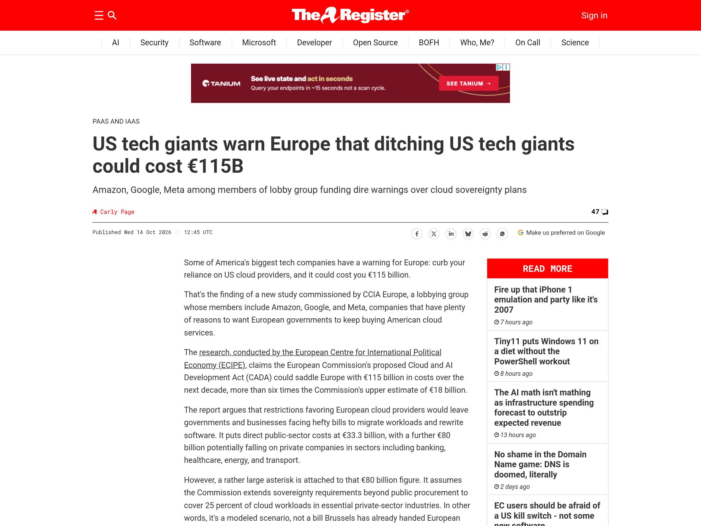 Capture of The Register article of 14 October 2026 on the €115 billion study, showing the headline, the CCIA Europe funding detail and the comparison with the Commission estimate.