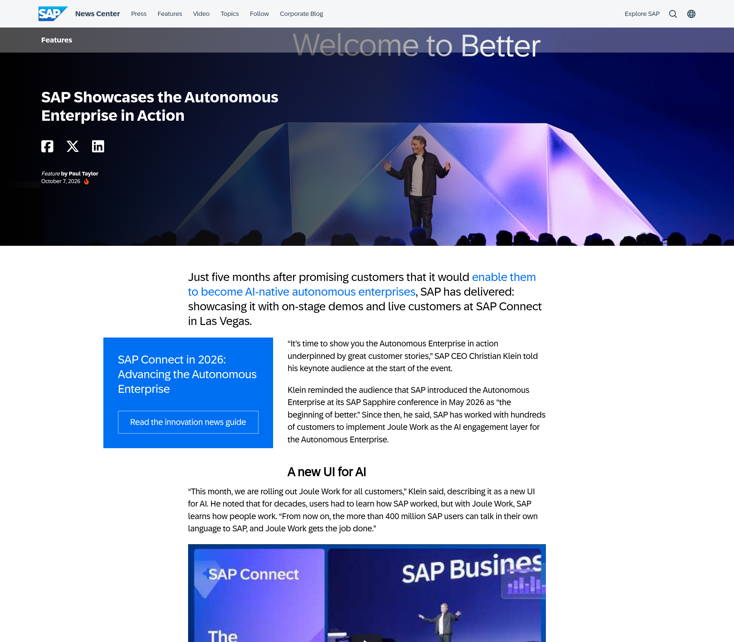 Capture of the SAP newsroom keynote article page describing the Joule Work pillars and the SAP Connect 2026 keynote.