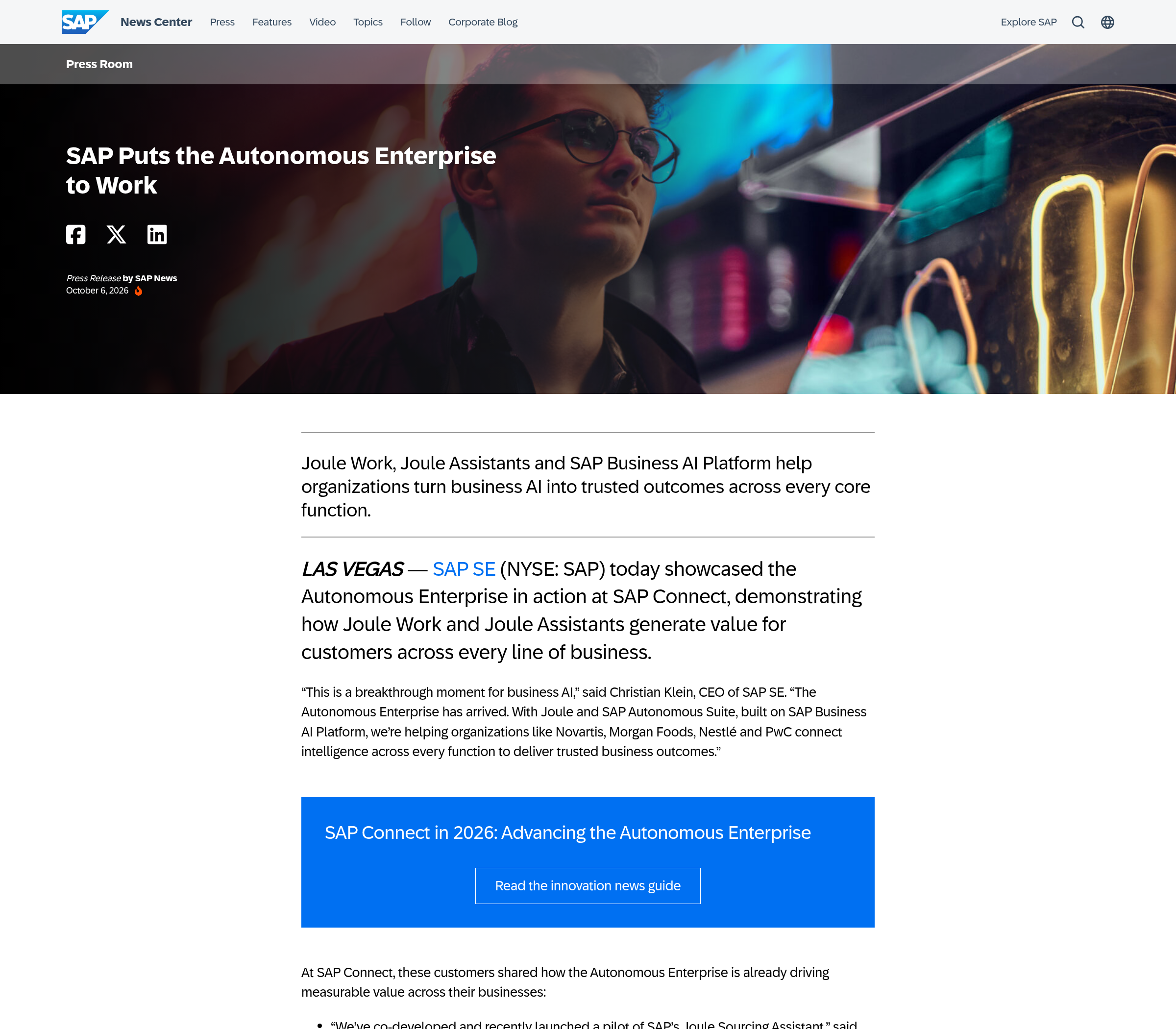 Capture of the SAP newsroom press release page for SAP Puts the Autonomous Enterprise to Work, published after SAP Connect 2026.