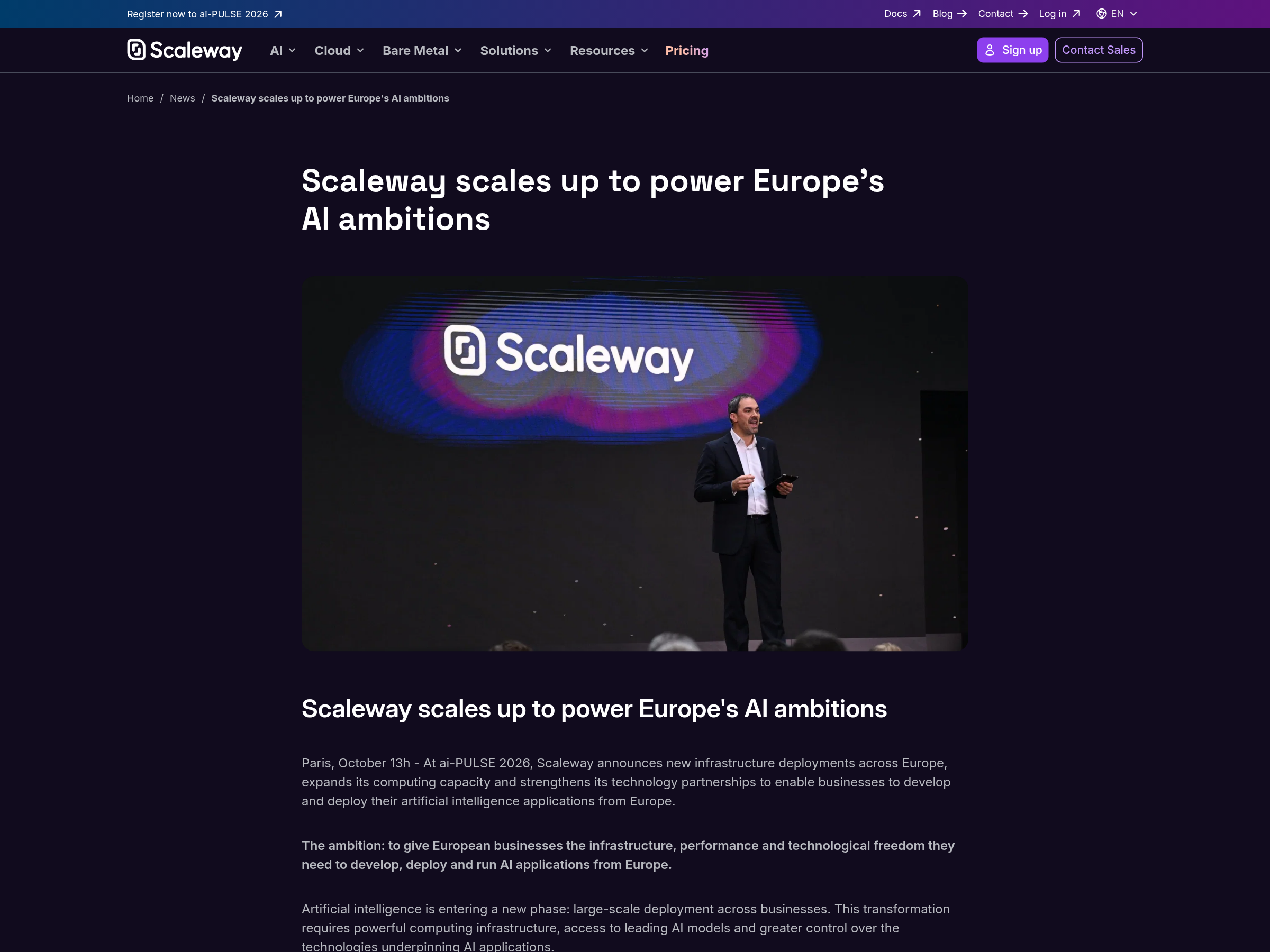 Capture of the Scaleway press release page of 13 October 2026 announcing new infrastructure deployments, GPU Zones and model additions across Europe.