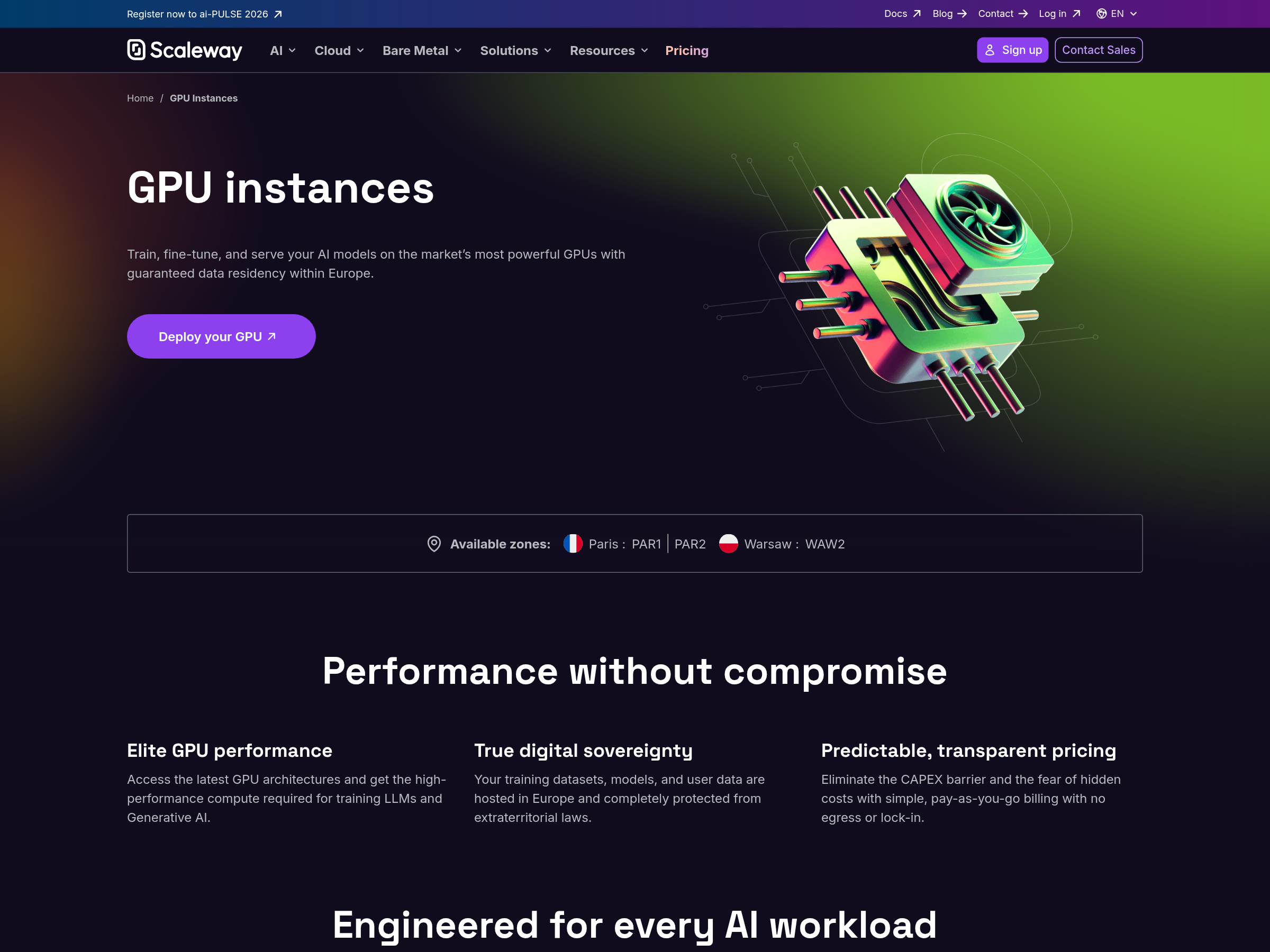 Capture of the Scaleway GPU Instances product page, showing the accelerator line-up and the GPU instance families offered from its European regions.