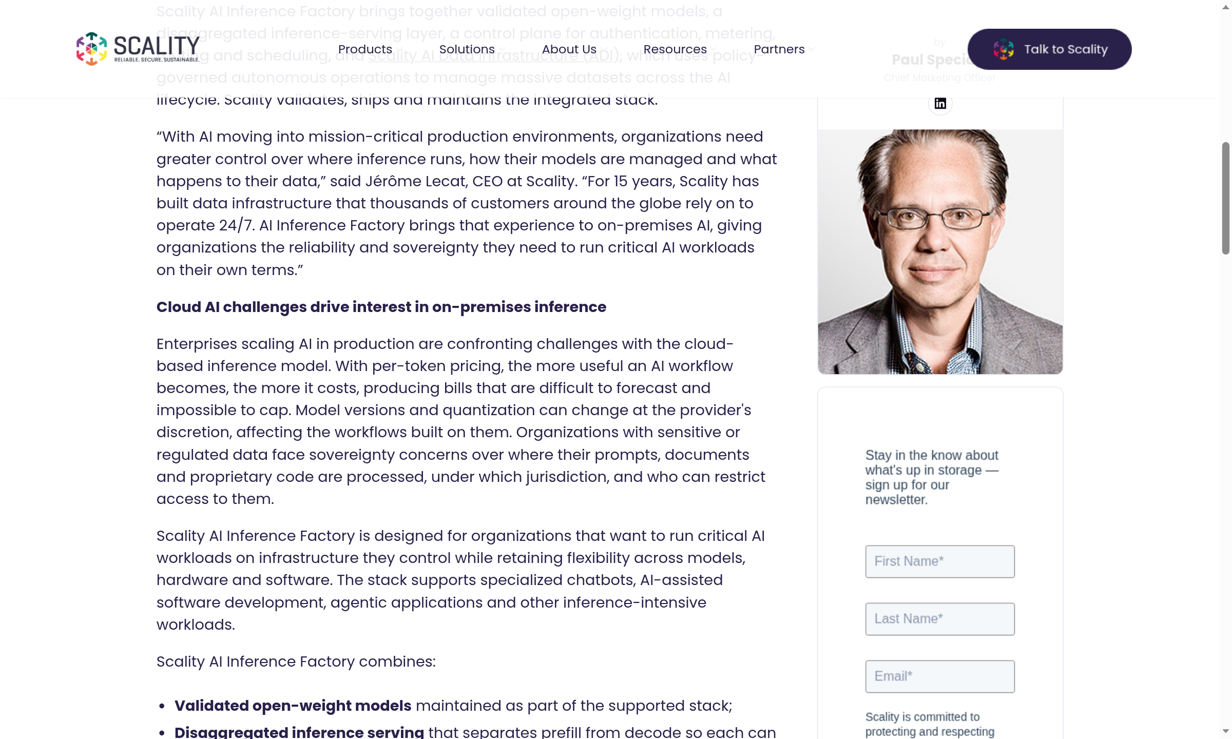 Capture of Scality's own press-release page for the AI Inference Factory, showing the product description and the launch quotations.