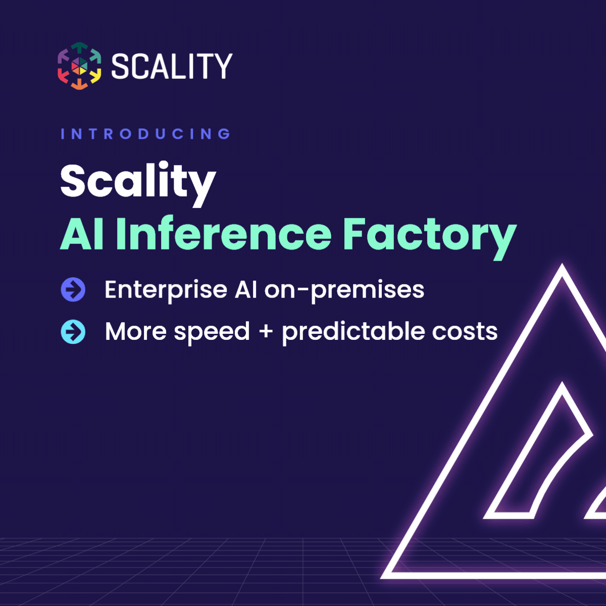Scality's official press-release graphic for the AI Inference Factory, describing enterprise AI on-premises with more speed and predictable costs.