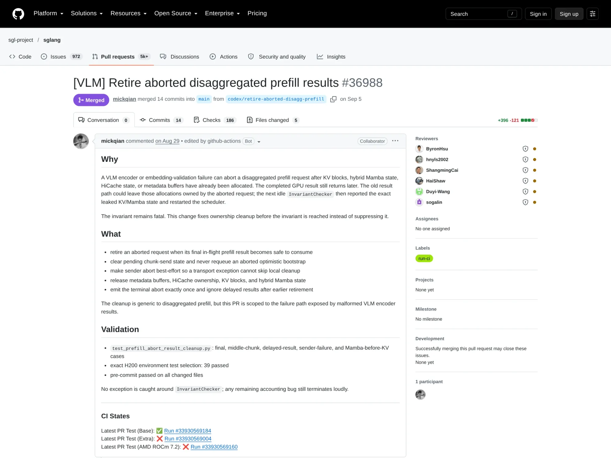 Merged SGLang pull request 36988 retiring aborted prefill results — github.com/sgl-project/sglang/pull/36988