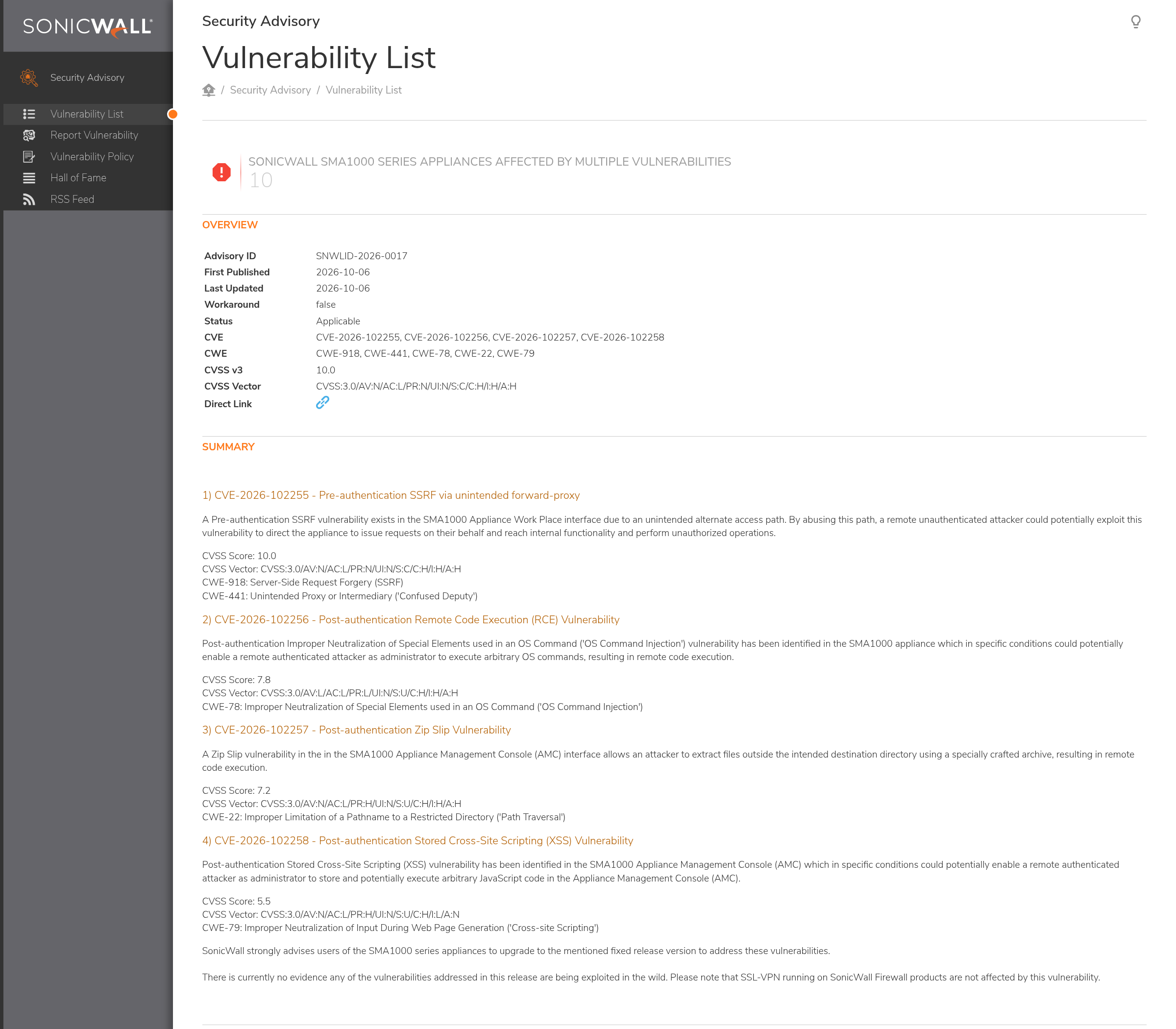 Capture of SonicWall's official PSIRT advisory page SNWLID-2026-0017, showing the four CVE identifiers, the CVSS 10.0 rating, the workaround field and the vendor's statement on exploitation.