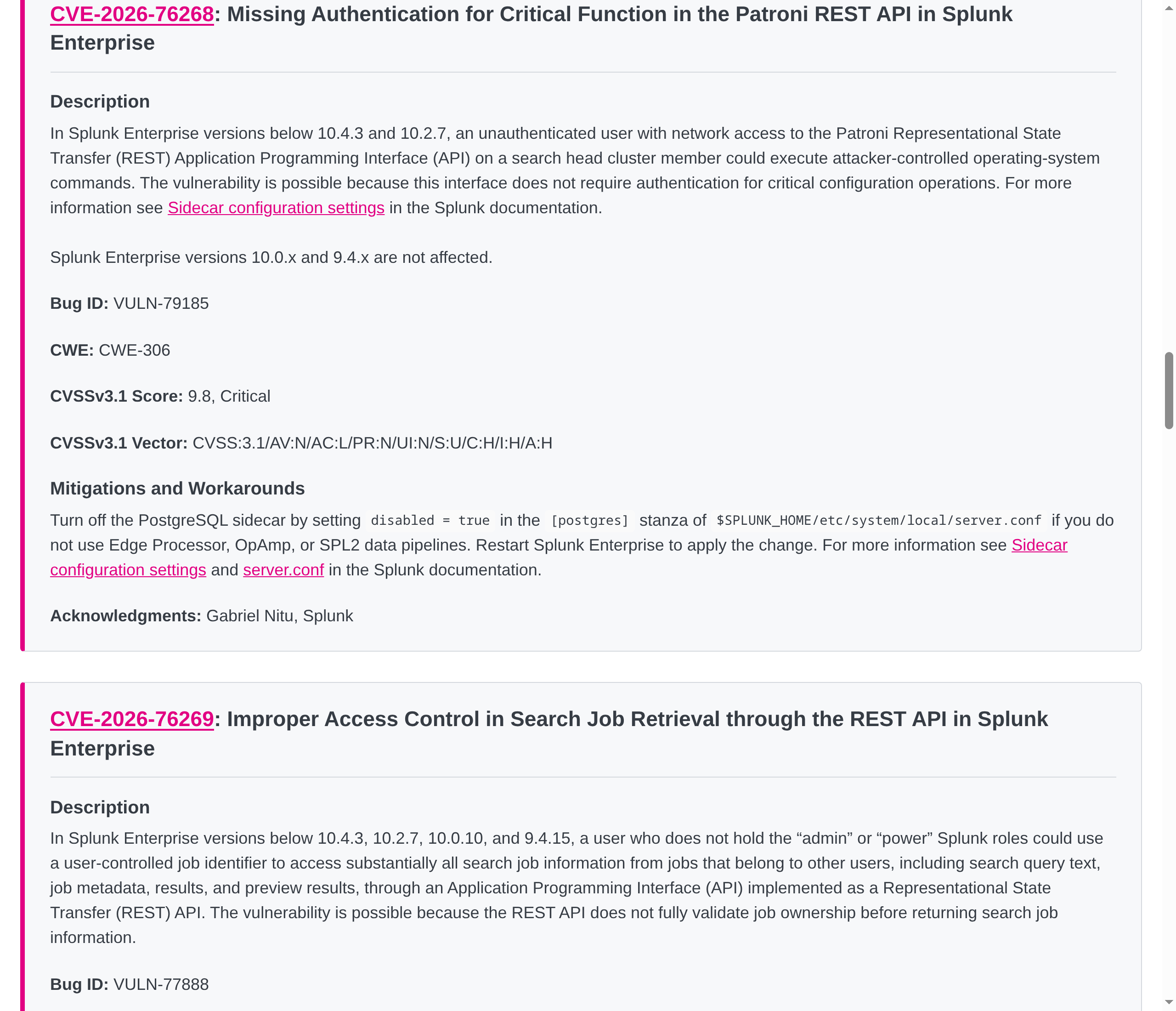Capture of the CVE-2026-76268 block on Splunk's advisory, showing the description of unauthenticated command execution, CWE-306, the CVSS 9.8 score and vector, and the documented mitigation that disables the PostgreSQL sidecar in server.conf.