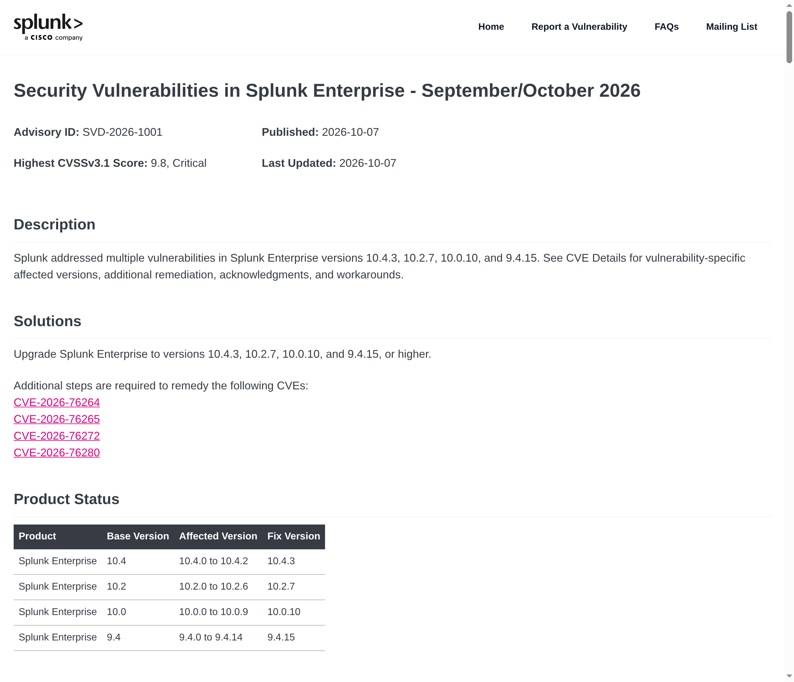 Capture of Splunk's advisory SVD-2026-1001 showing the advisory ID, the highest CVSSv3.1 score of 9.8 Critical, the list of fixed versions and the product status table.