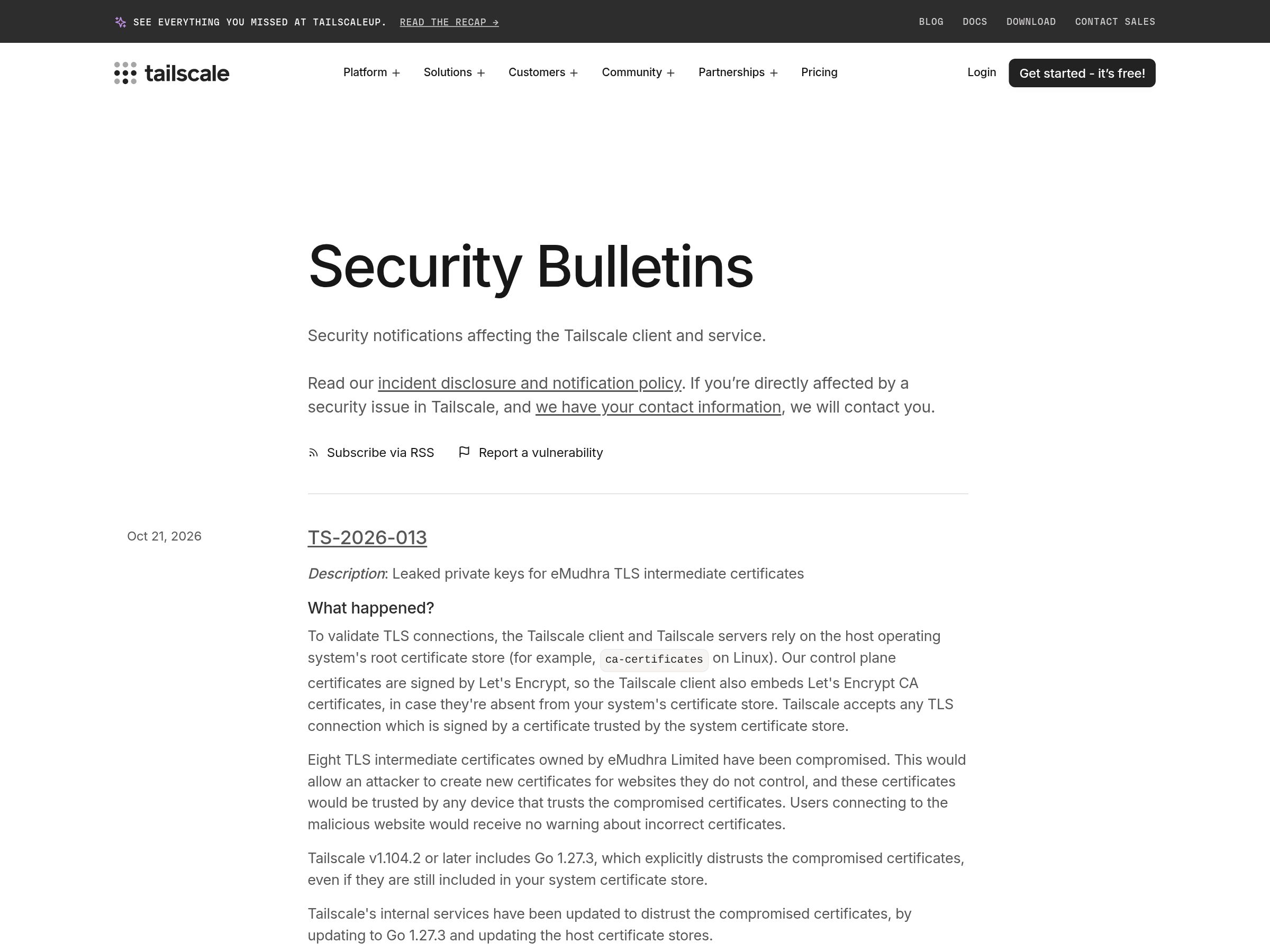 Tailscale security bulletins page, newest entry TS-2026-013 of 21 October 2026 — tailscale.com/security-bulletins