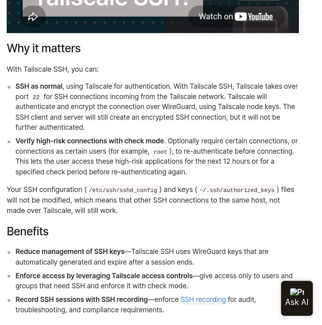 Tailscale SSH documentation, Why it matters section, on which devices may open a session and how policy authorises it — tailscale.com/kb/1193/tailscale-ssh