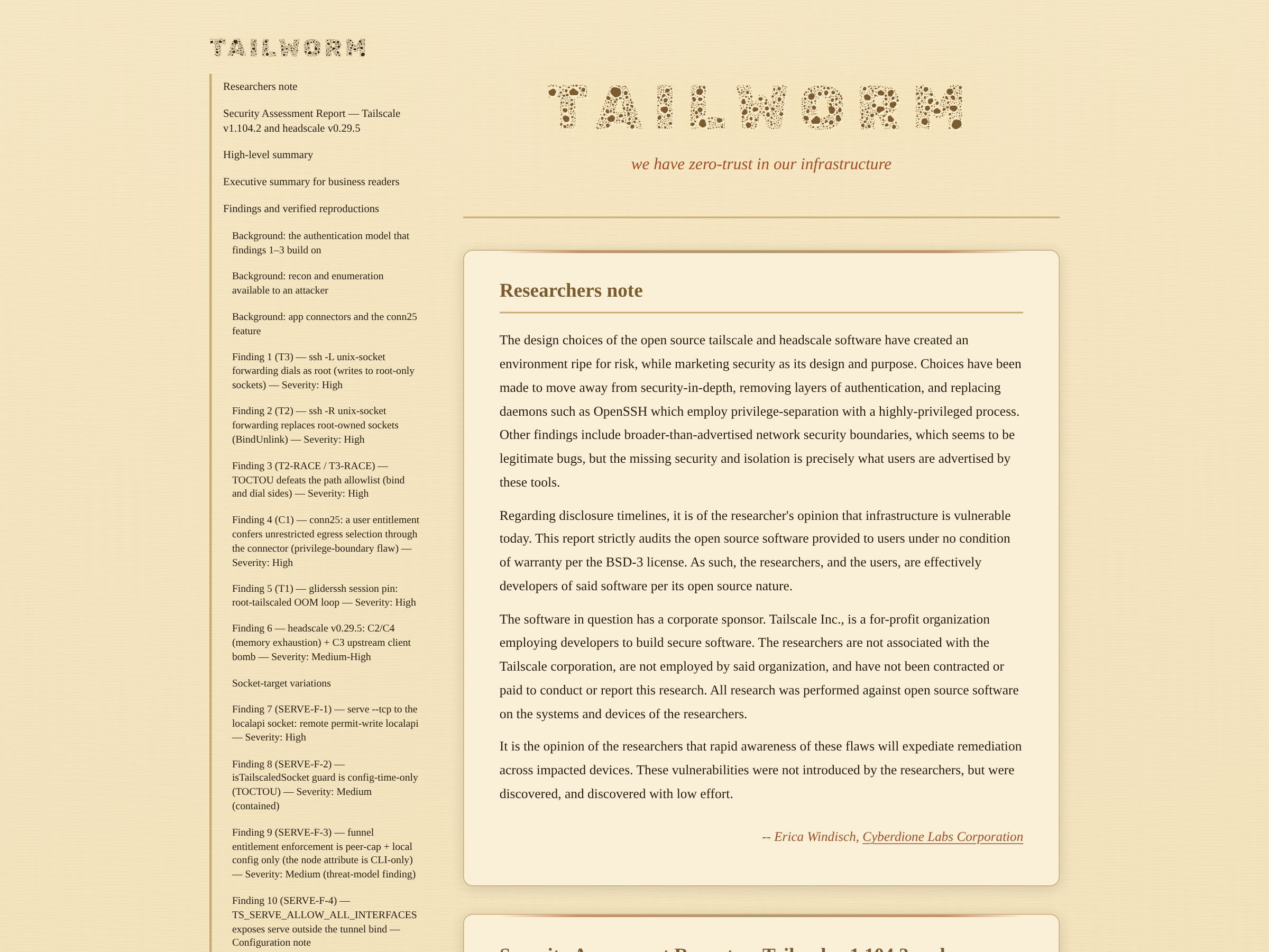 Head of the Tailworm report, showing the summary table of five finding classes against Tailscale 1.104.2 and headscale 0.29.5 — tailworm.com/