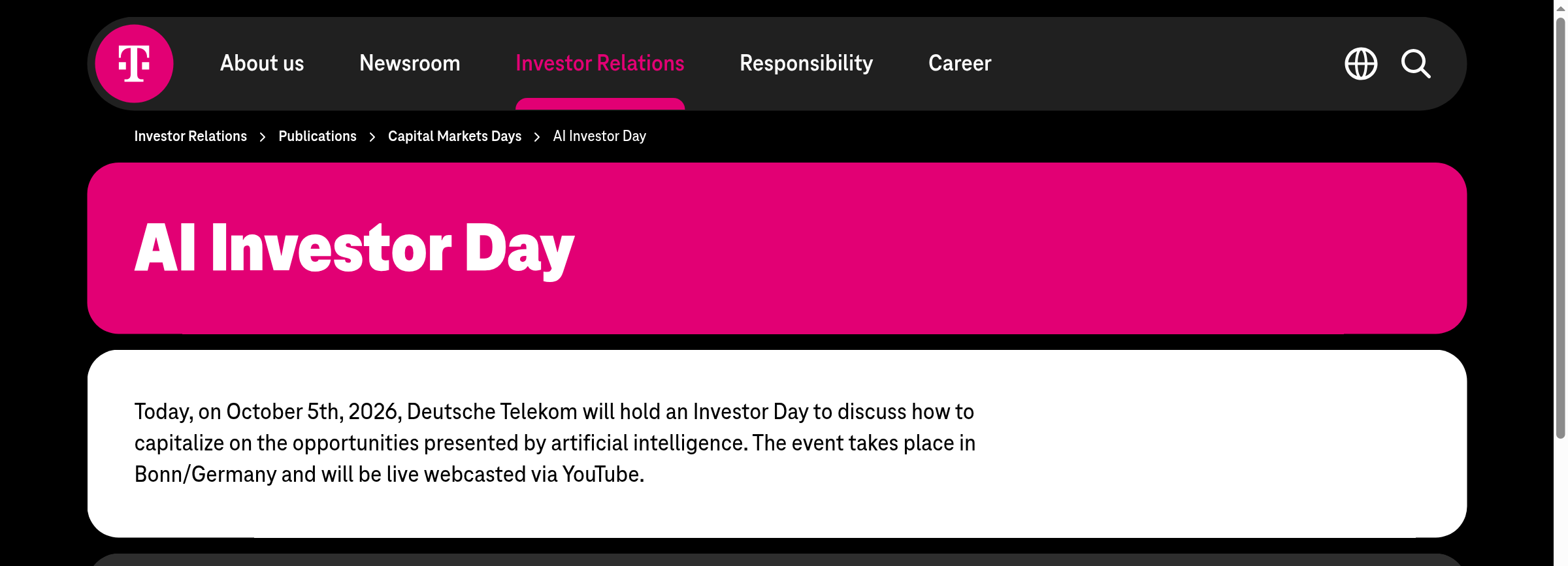 Screenshot of Deutsche Telekom's AI Investor Day page in its investor relations section, showing the event date, the agenda topics and the executive speakers.