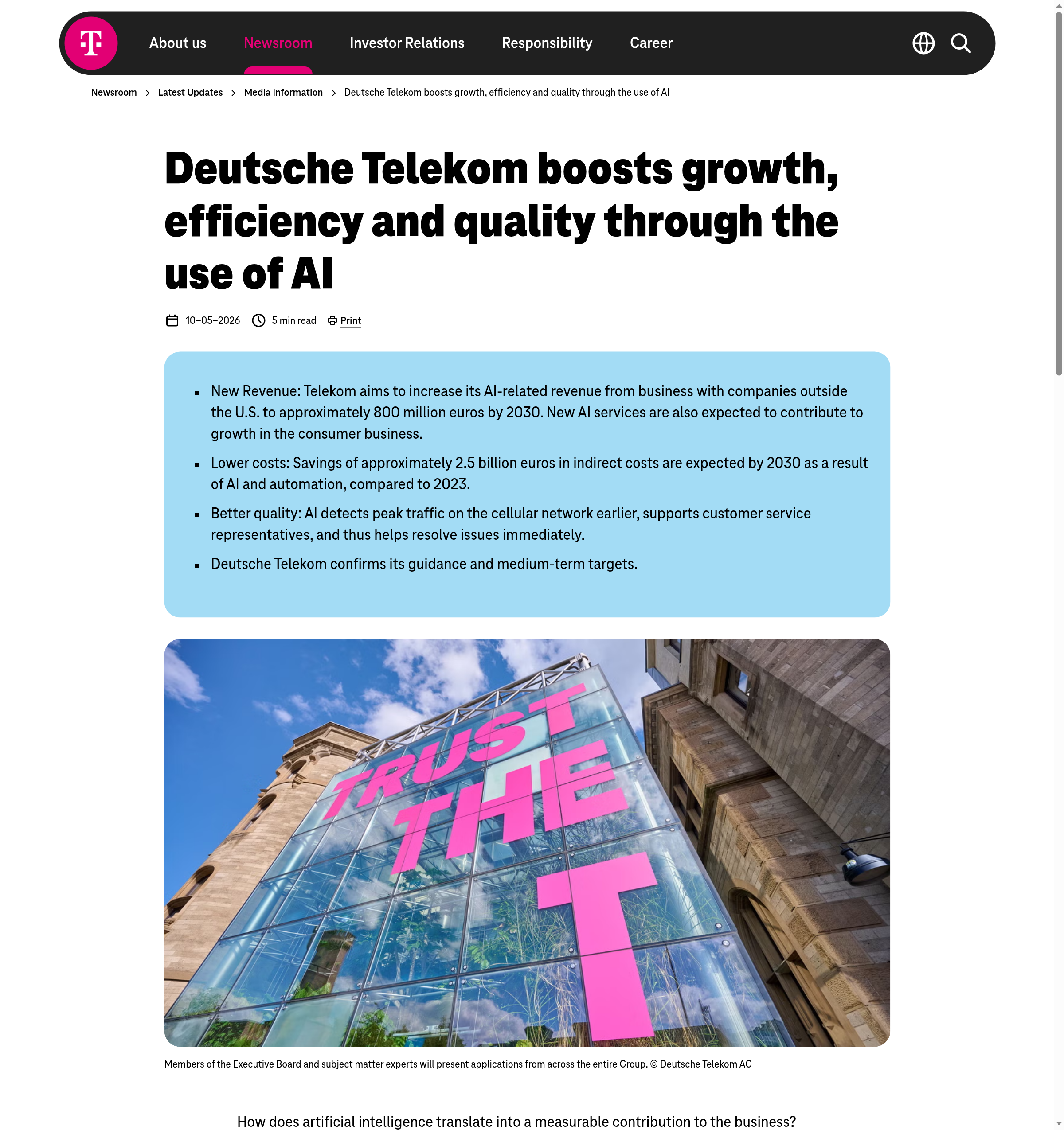 Screenshot of Deutsche Telekom's official media information page for the AI announcement, showing the headline, the publication date and the bulleted figures on revenue, cost savings and quality.