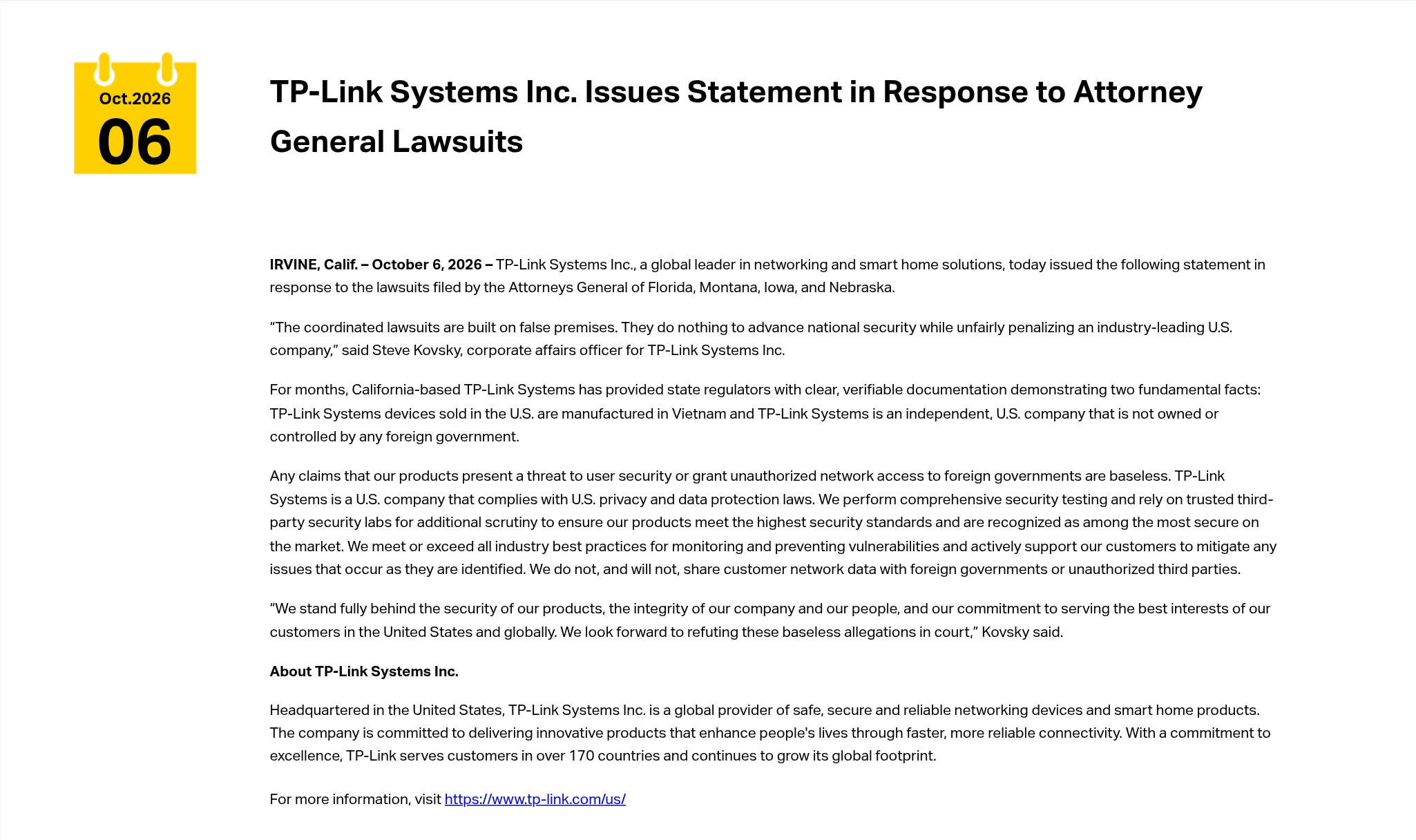 Capture of TP-Link Systems' own press statement page responding to the attorney general lawsuits, showing the vendor's position on manufacturing location and corporate independence.