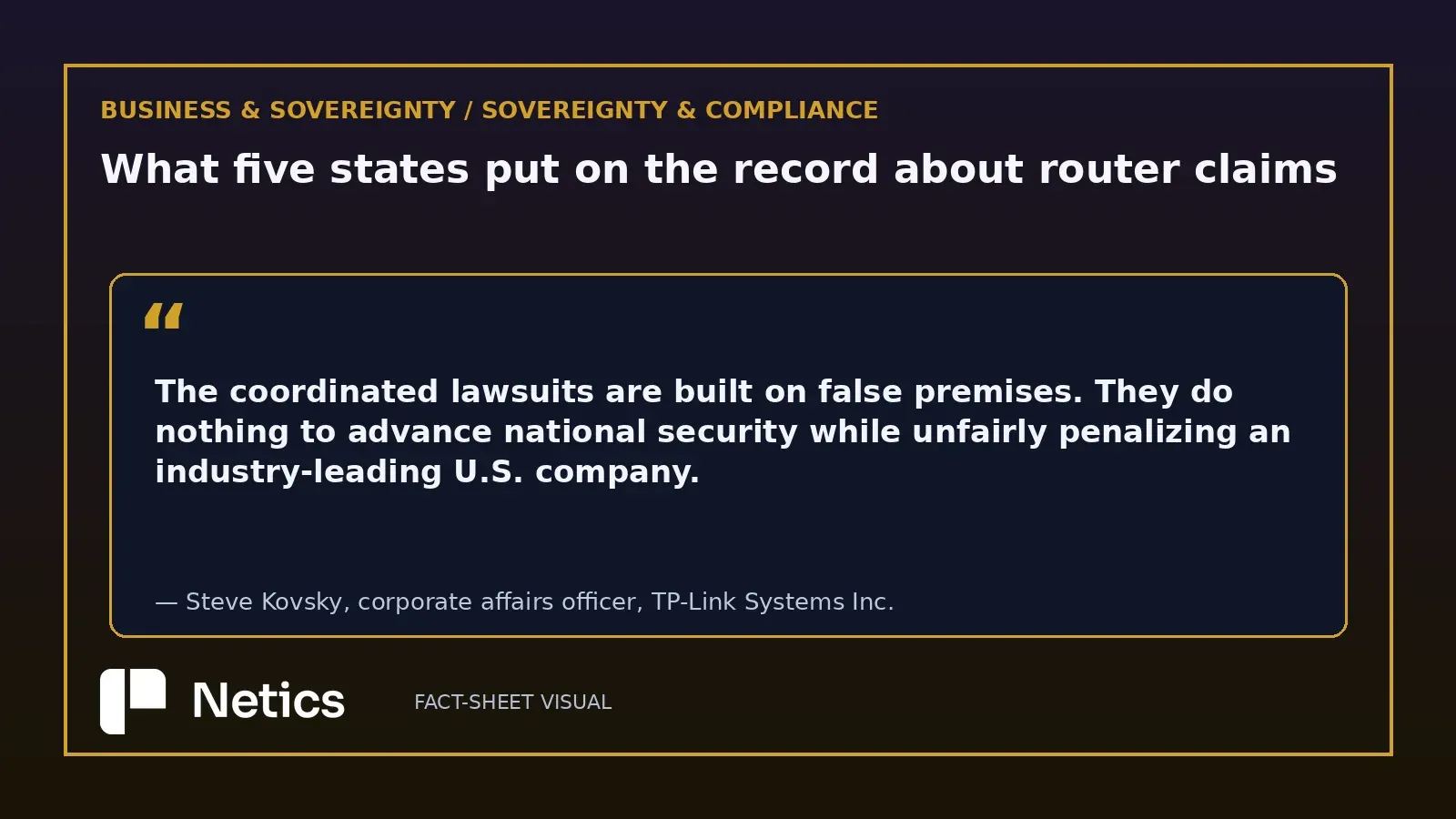 Netics editorial pull-quote from TP-Link Systems' response to the four state lawsuits, attributed to the company's corporate affairs officer.