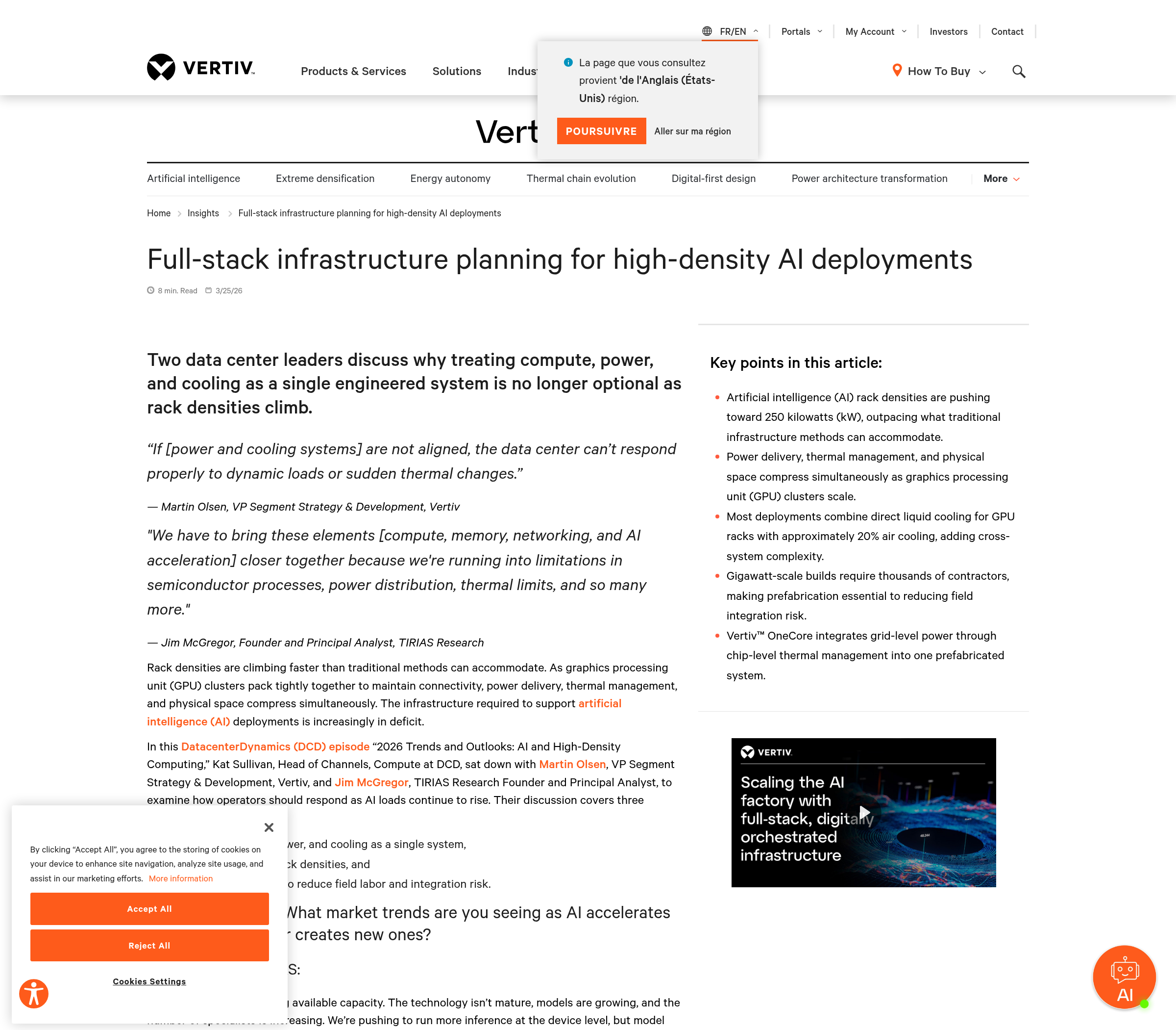 Screenshot of Vertiv's article on full-stack infrastructure planning for high-density AI deployments, showing the density figures and the integration argument for prefabricated power and cooling.