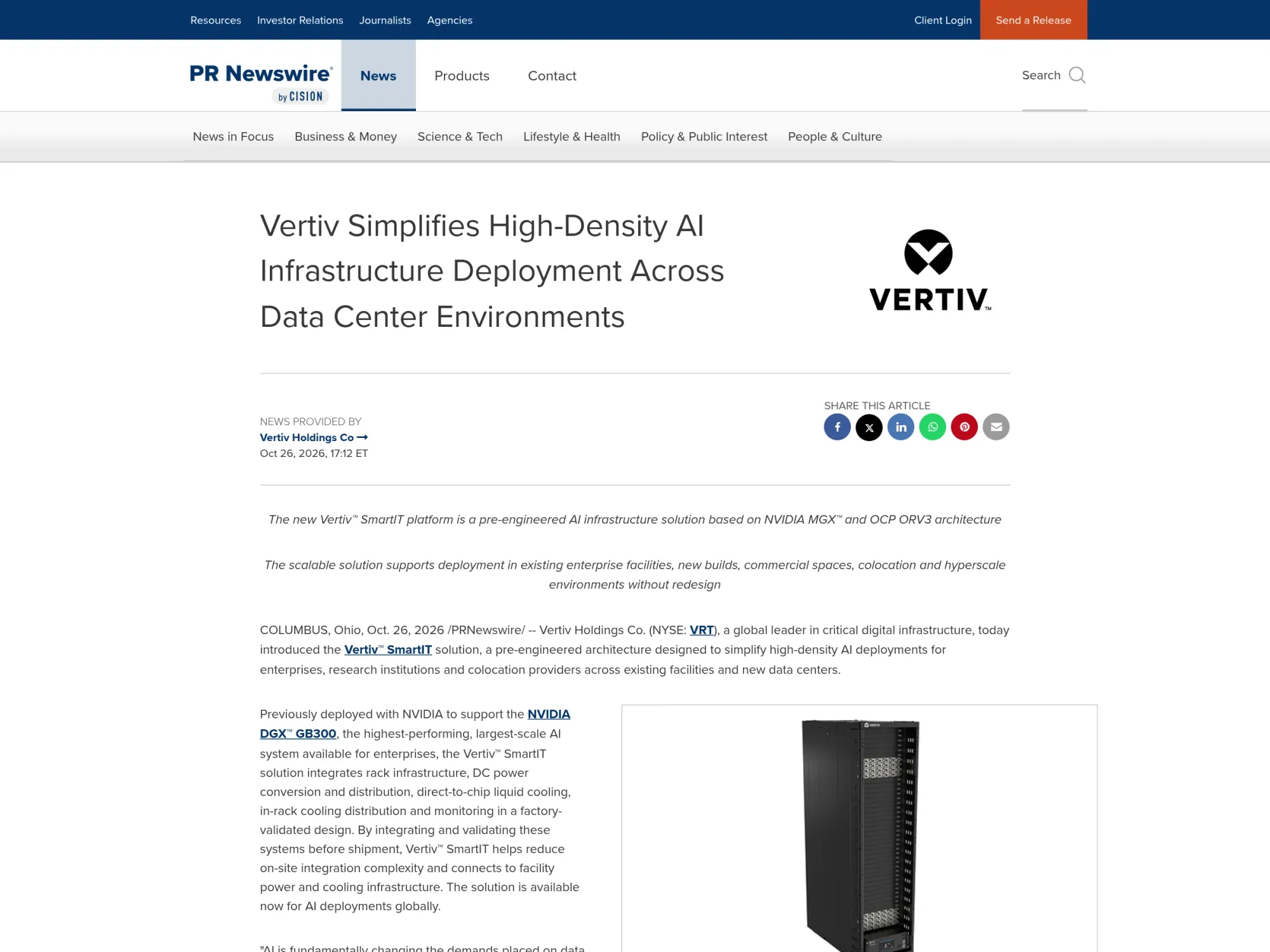 Vertiv SmartIT release headline and product image — prnewswire.com/news-releases