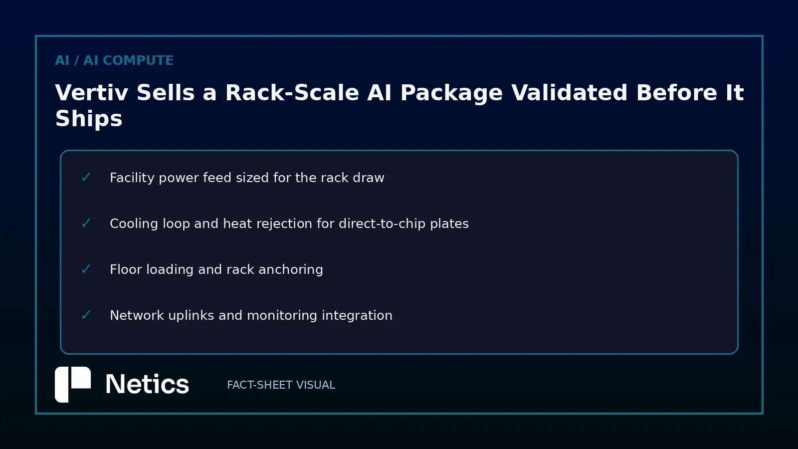 Netics checklist: power feed, cooling loop, floor loading and network uplinks stay with the building