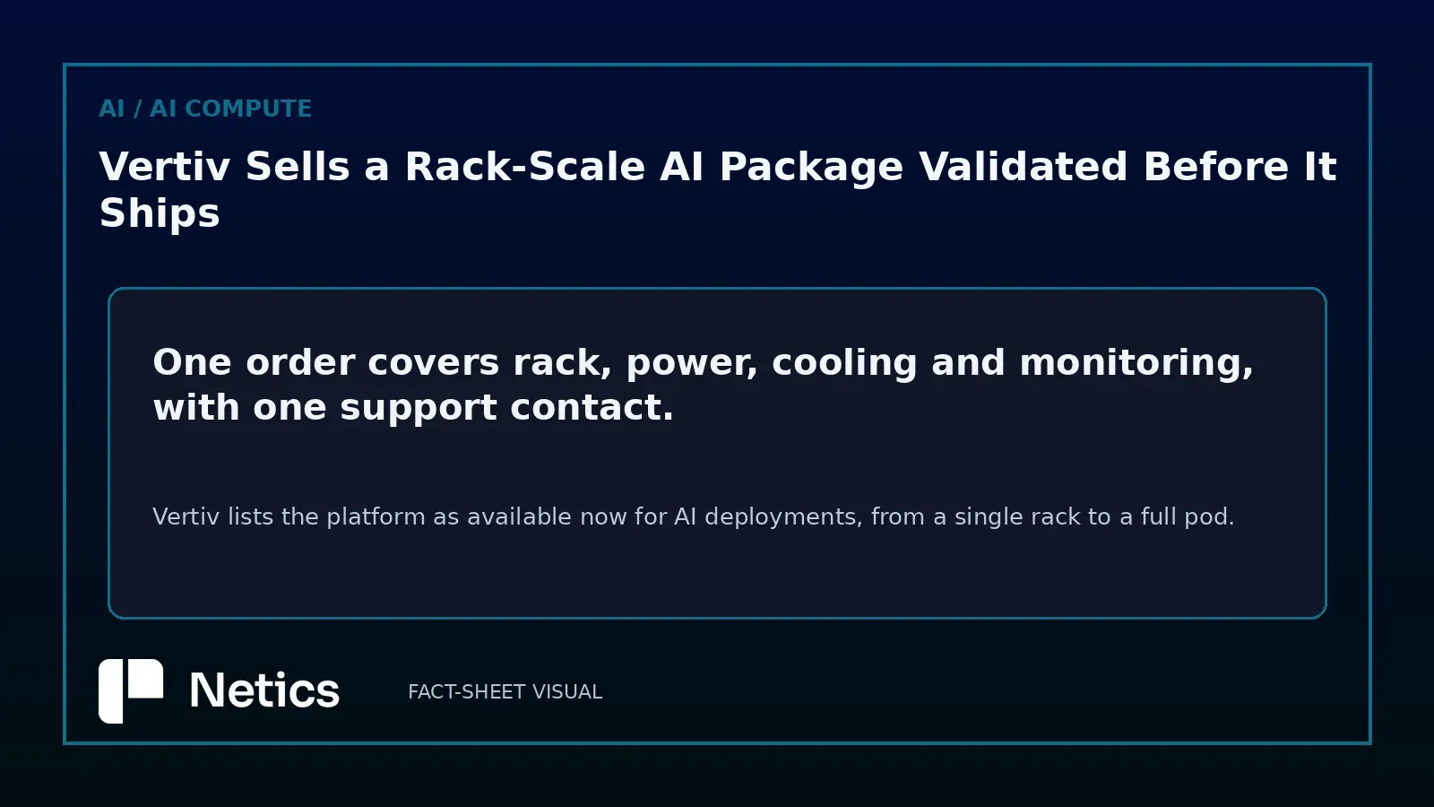 Netics banner: one order covering rack, power, cooling and monitoring, per Vertiv's release