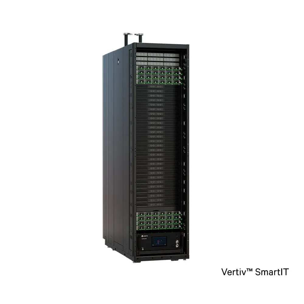 Vertiv SmartIT rack from the front, compute bays populated — vertiv.com/products-catalog/vertiv-smartit