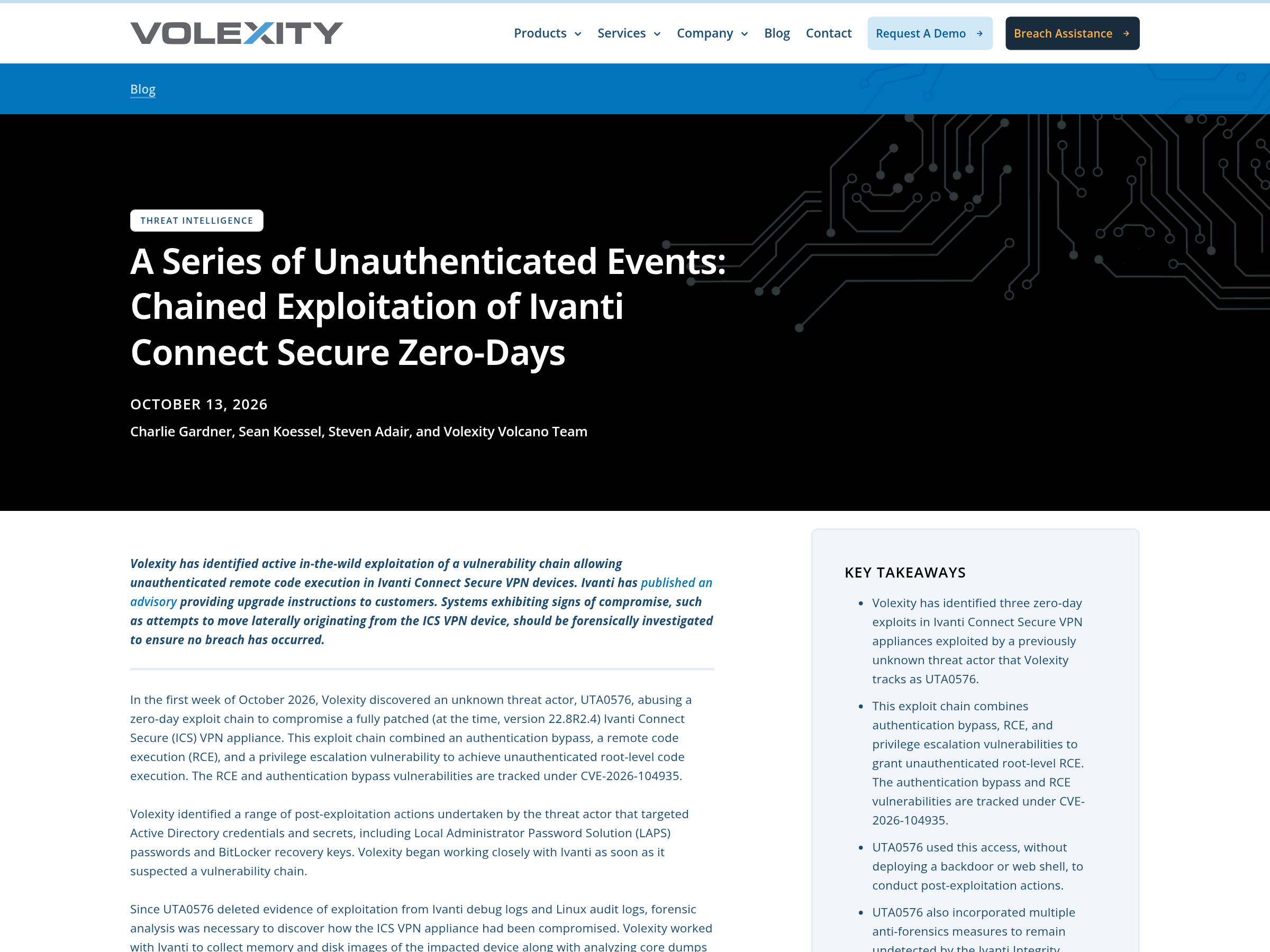 Capture of Volexity's research post of 13 October 2026 describing the three-link exploitation chain against a fully patched Ivanti Connect Secure appliance.