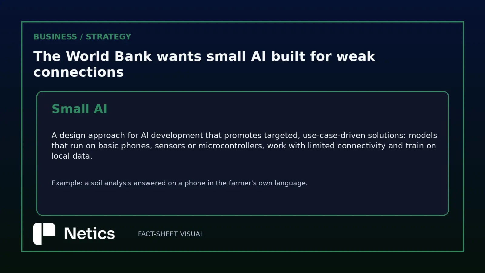 Netics diagram defining small AI as a design approach built around accessible devices and limited connectivity