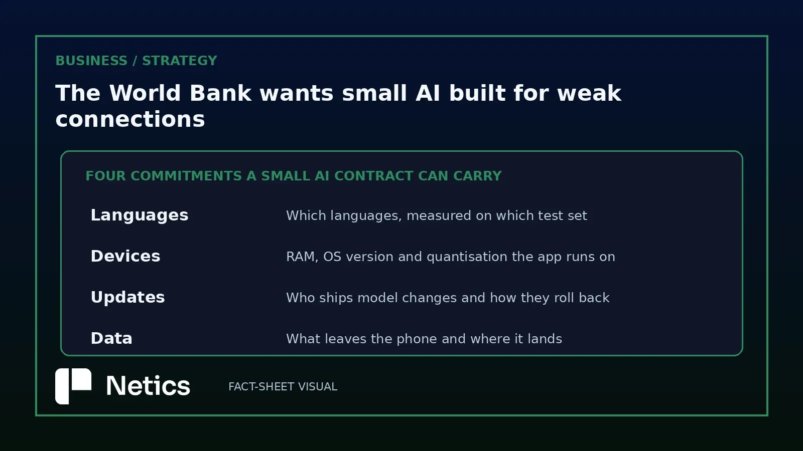 Netics diagram listing four contract commitments for a small AI deployment: languages, devices, updates and data