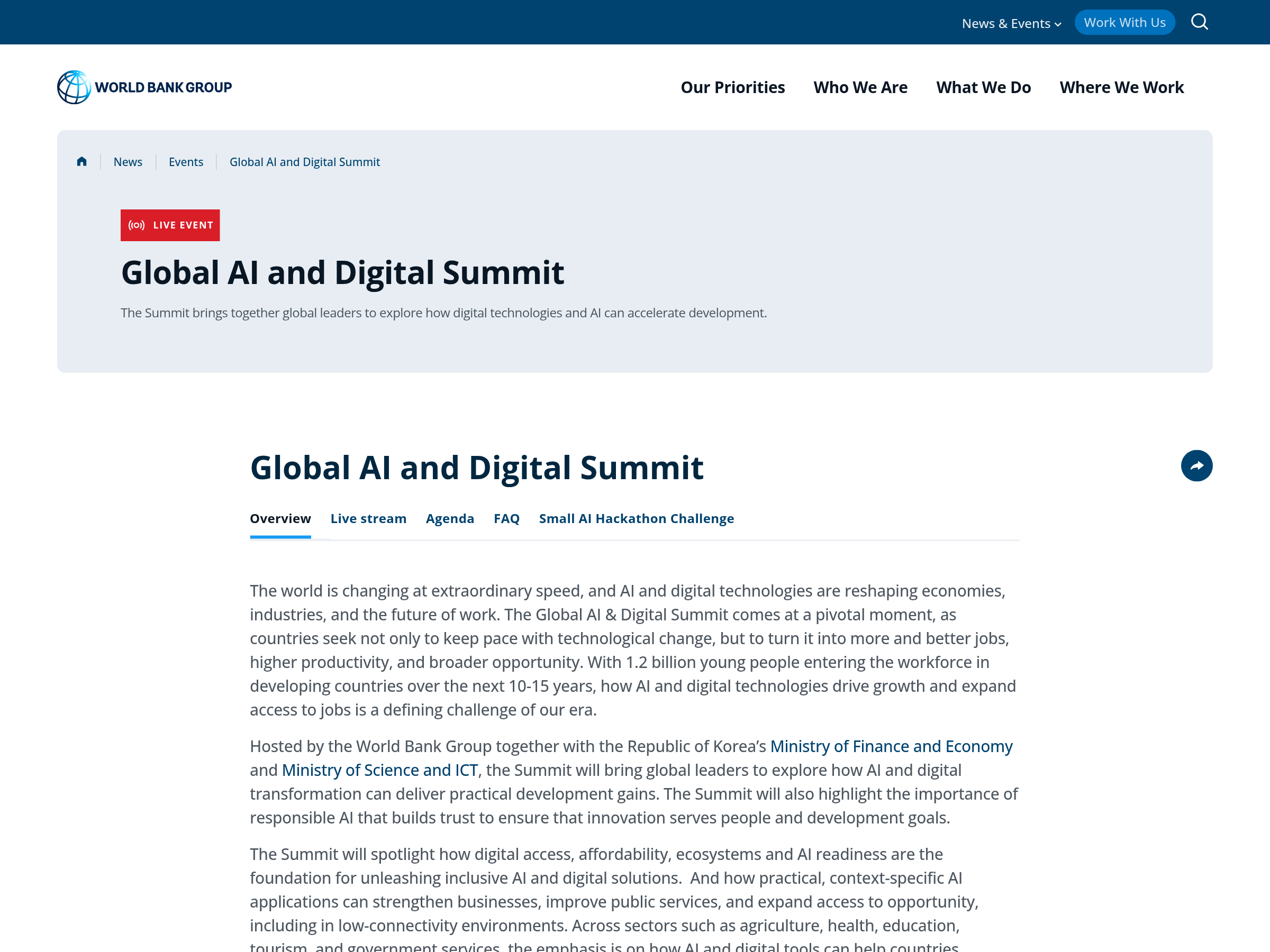 Capture of the World Bank Group's Global AI and Digital Summit event page for Seoul