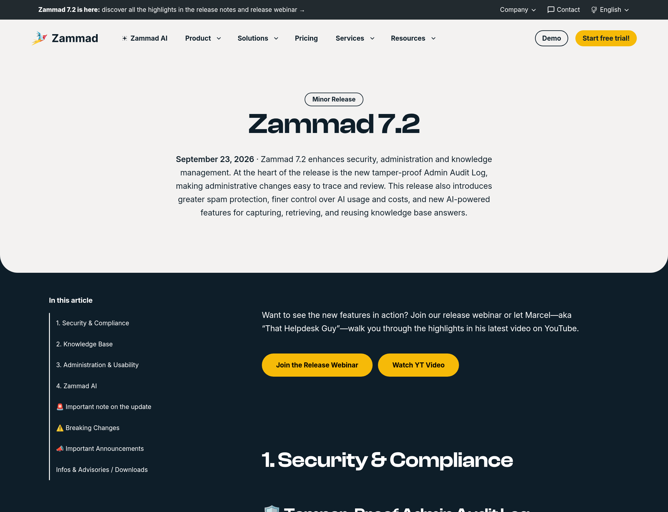 Screenshot of the official Zammad 7.2 release page, showing the release date, the admin audit log section and the security and compliance framing.