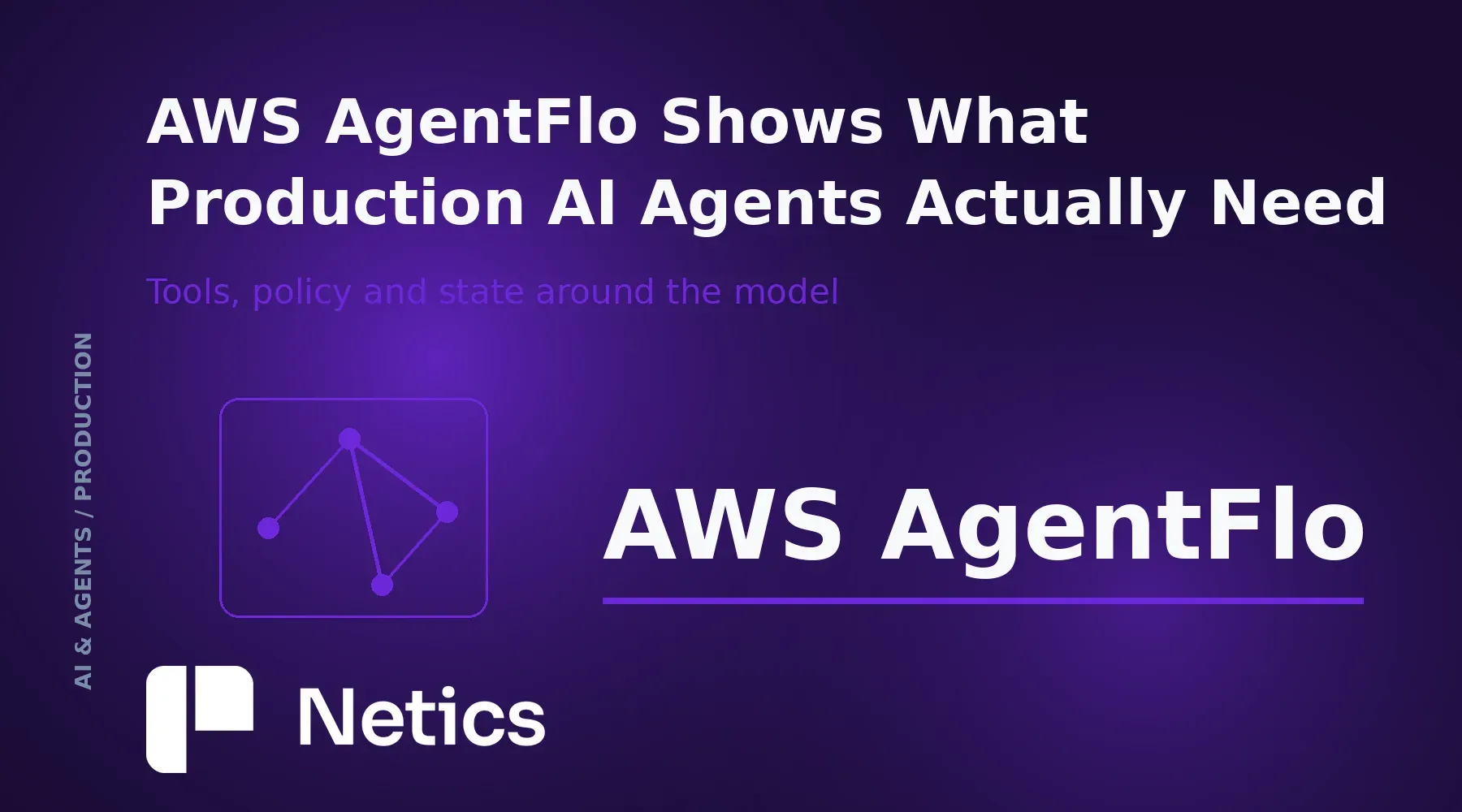 Dark Netics card showing an AI sales agent connected to tools, policy, state, and observability