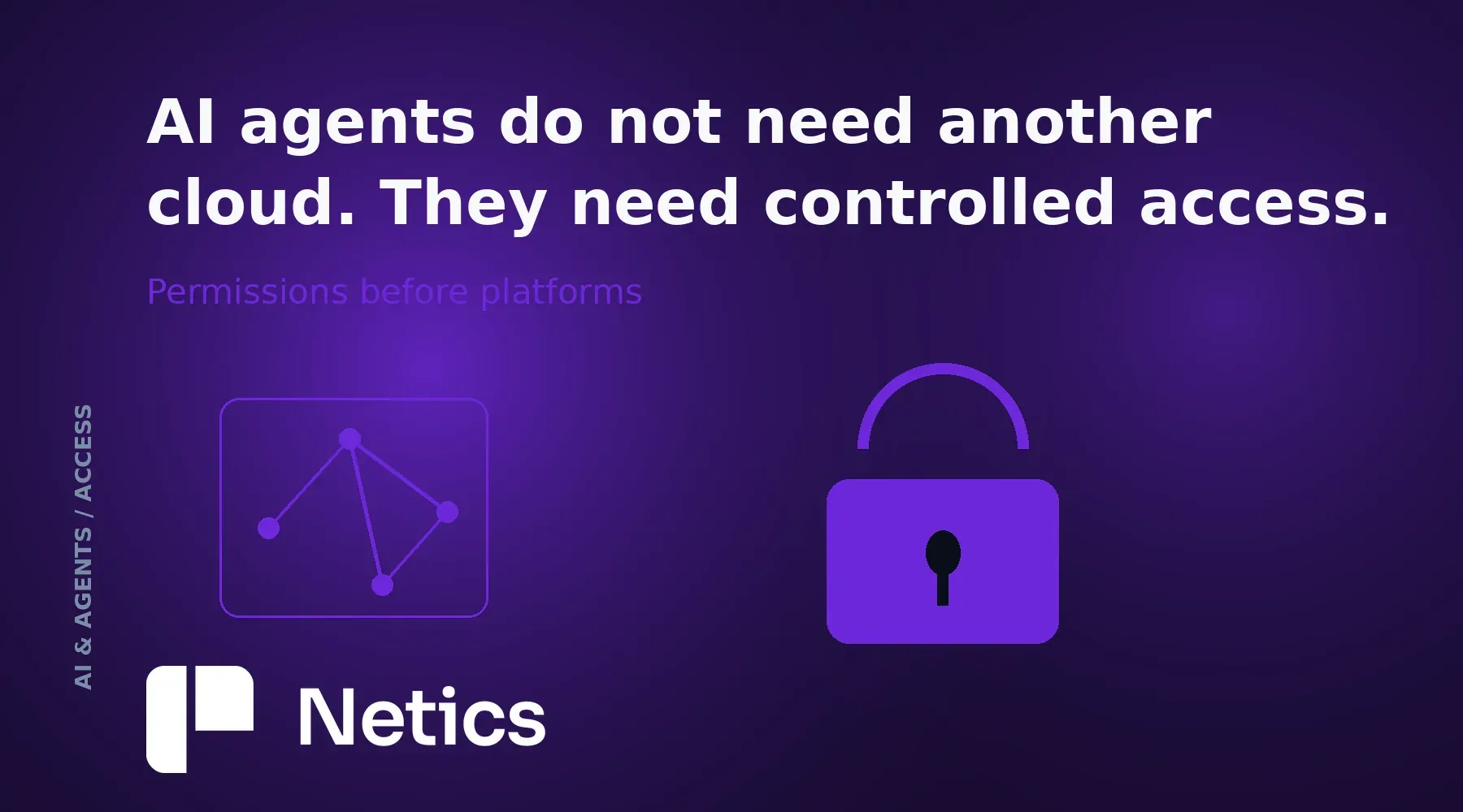 AI agent access control concept with a lock graphic on a dark Netics card