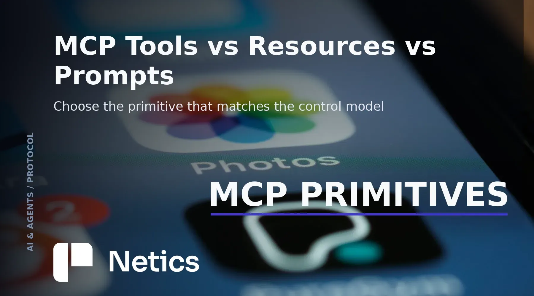 Diagram comparing MCP tools, resources, and prompts as three distinct server-exposed primitives with Netics branding