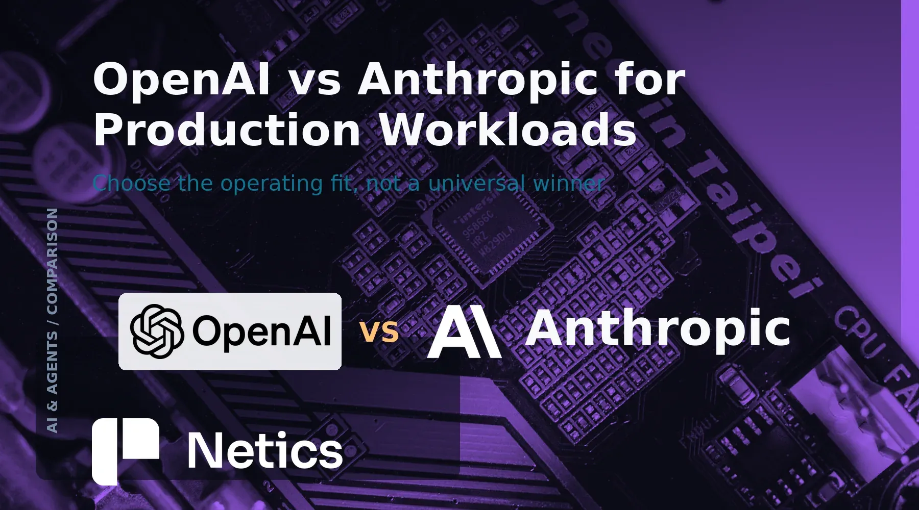 OpenAI versus Anthropic production model comparison card with neutral provider identity and Netics branding