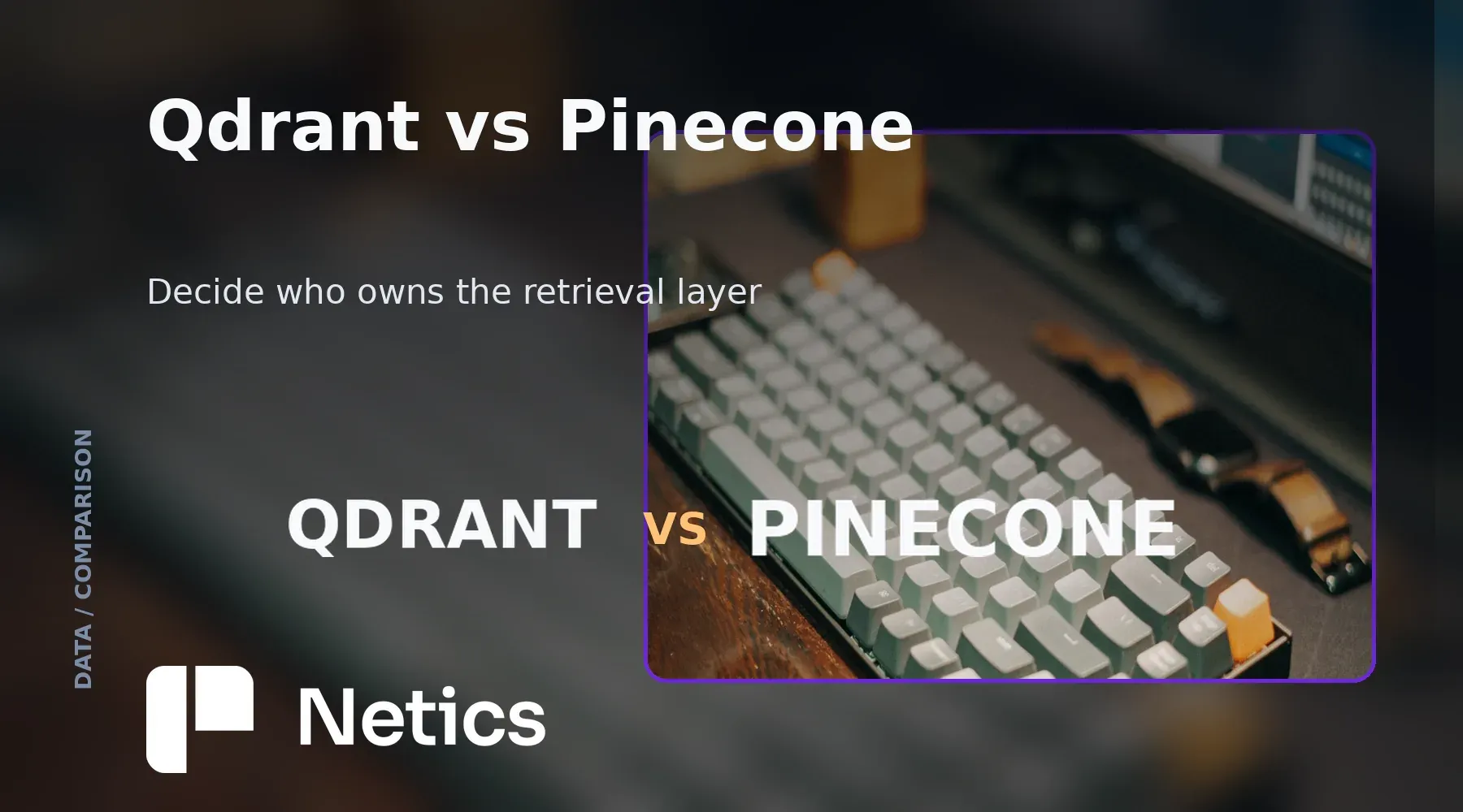 "Qdrant and Pinecone product identities side by side on a dark Netics comparison card, captioned self-hosted control versus managed retrieval"
