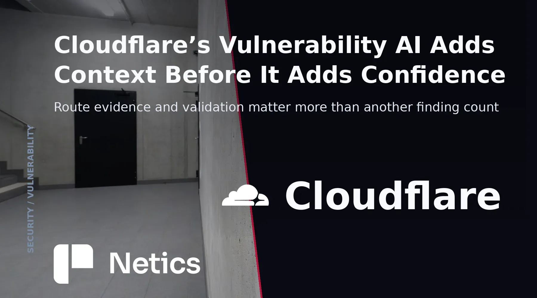 Netics editorial card showing vulnerability findings connected to routes, traffic, WAF controls, and validation