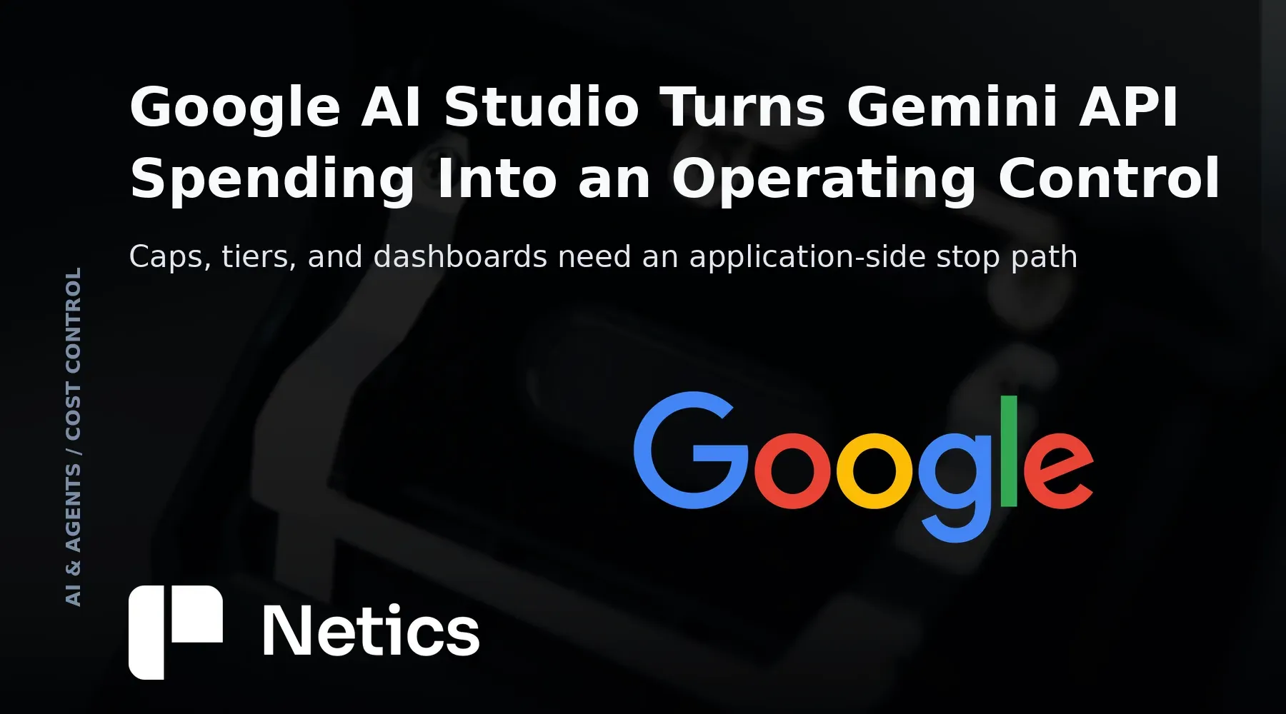 Google AI Studio and Gemini API cost-control concept with a project cap, billing account, and monitoring dashboards.
