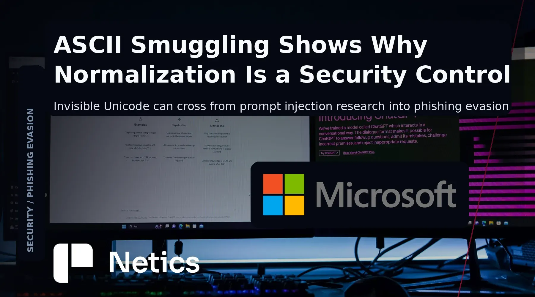 Netics security visual showing a normal funding lure word split by invisible U+E0020 Unicode tag space before detector analysis.