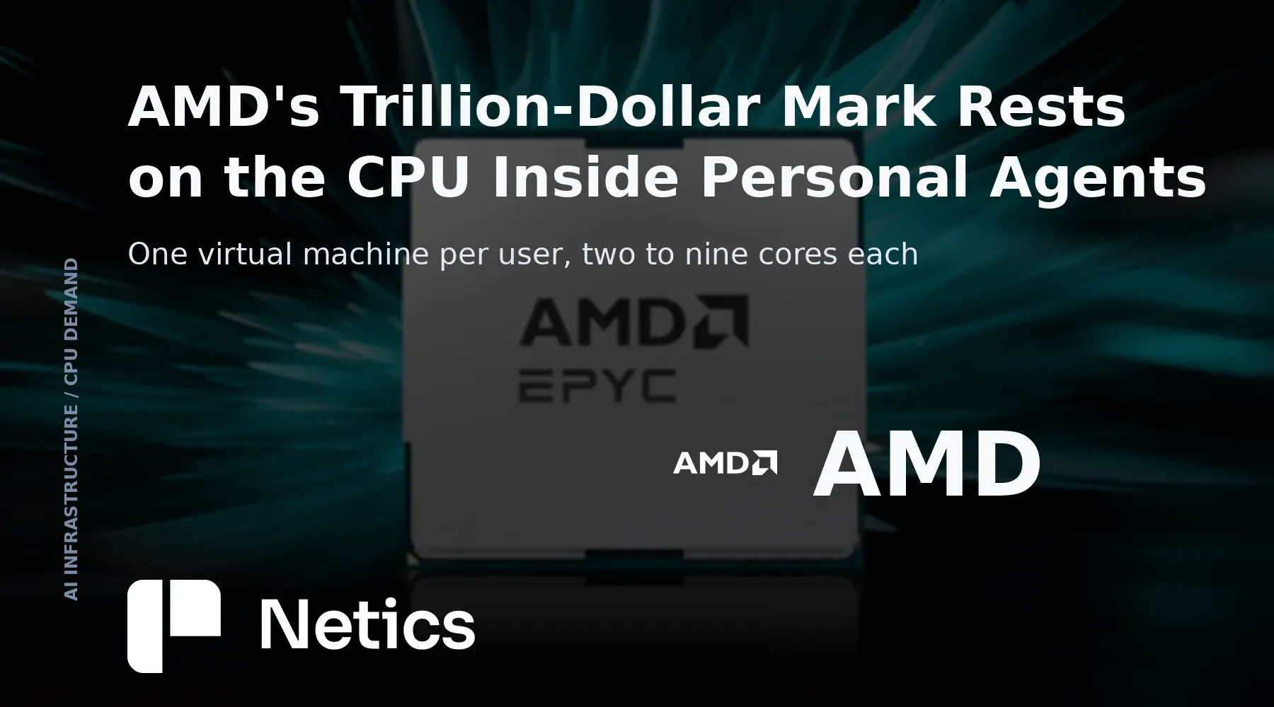 Netics editorial card showing a personal AI agent drawn as a thin virtual machine slice sitting on a server CPU.