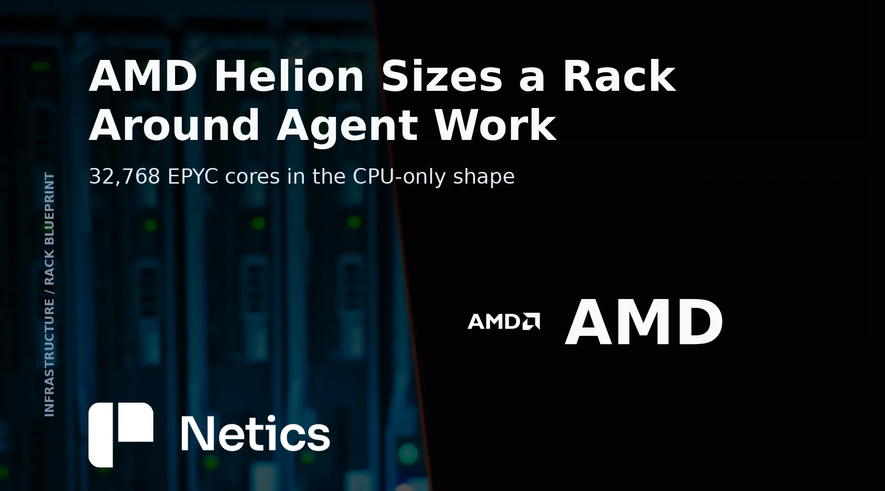 Netics editorial card on the AMD Helion blueprint: a CPU-only rack of 32,768 cores, an all-in-one configuration with MI350P accelerators and November 2026 partner availability.